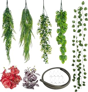 8Pcs Artificial Hanging Reptile Plants & Habitat Decor Kit for Terrarium | 3.3ft Reptile Vines Bearded Dragon Tank Accessories for Leopard Gecko Ball Python Snake Chameleon Lizard Tortoise Frog