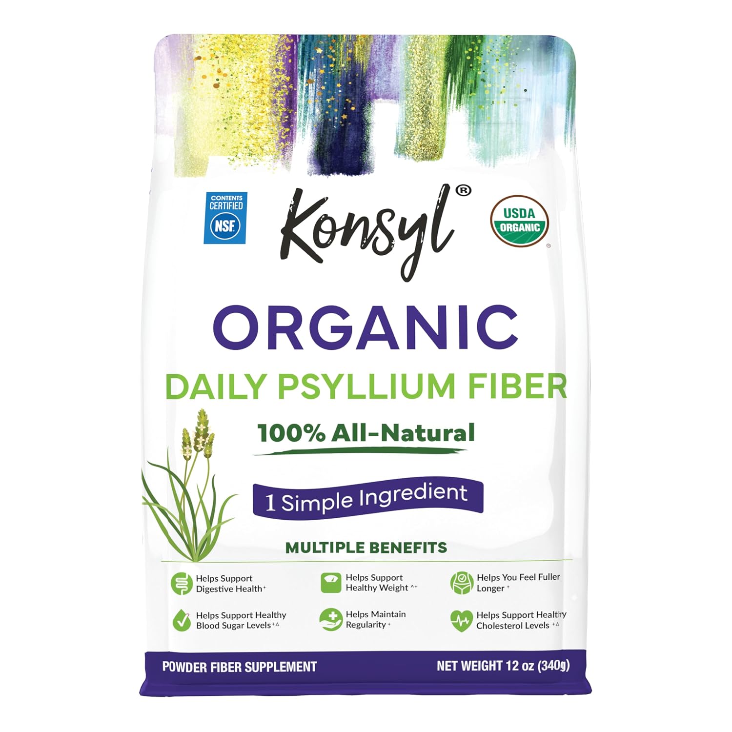 Konsyl USDA Organic Psyllium Husk Powder - 12oz, 60 Servings, Natural Unflavored Soluble Dietary Fiber Supplement - Fiber Prebiotic for Digestive Support and Gut Health - Sugar...
