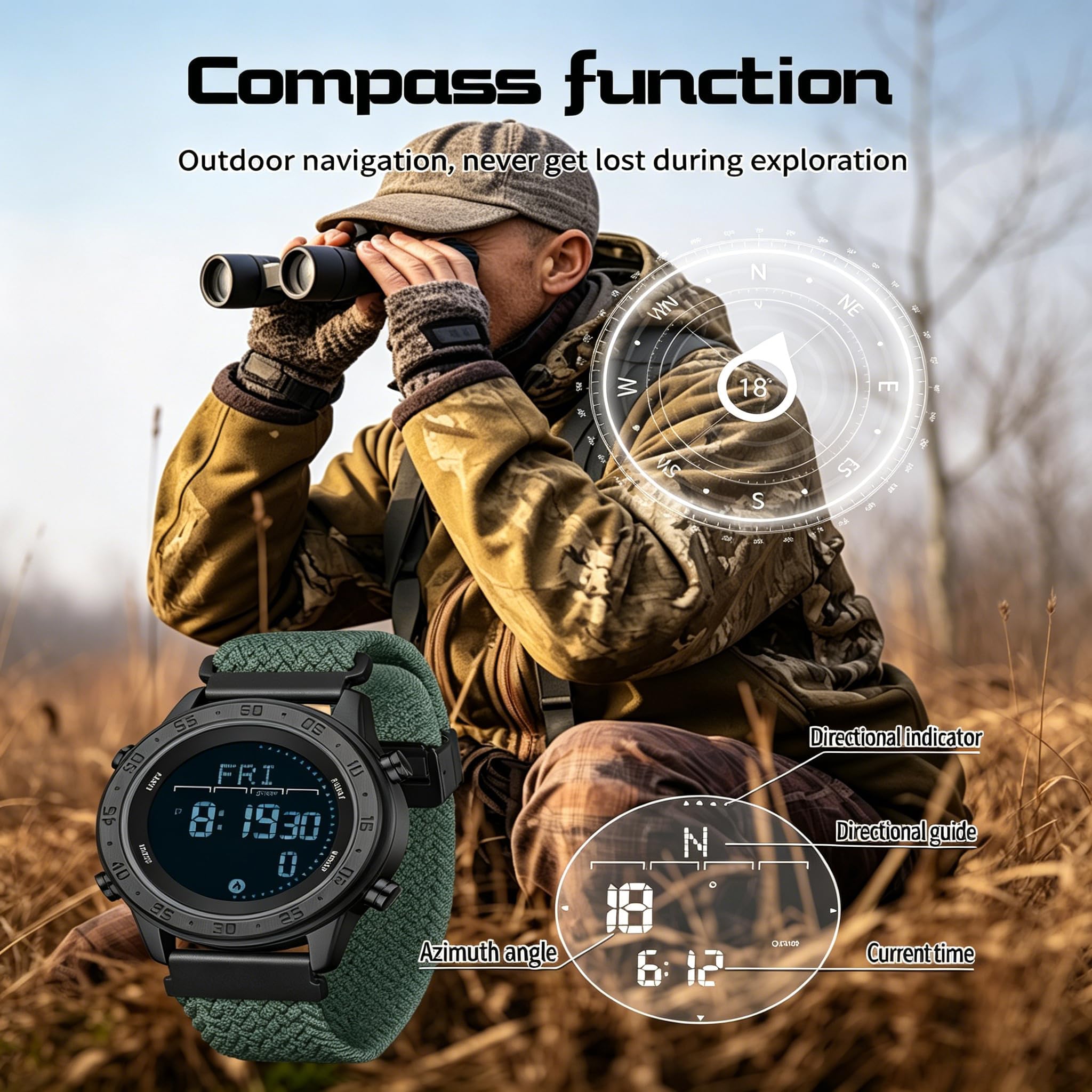 Montre militaire pour homme - Podomètre - Compteur de pas - Bracelet en nylon - Étanche - Affichage des calories - Métronome - Double temps - Chronomètre LED - Sans Bluetooth - Sans application
