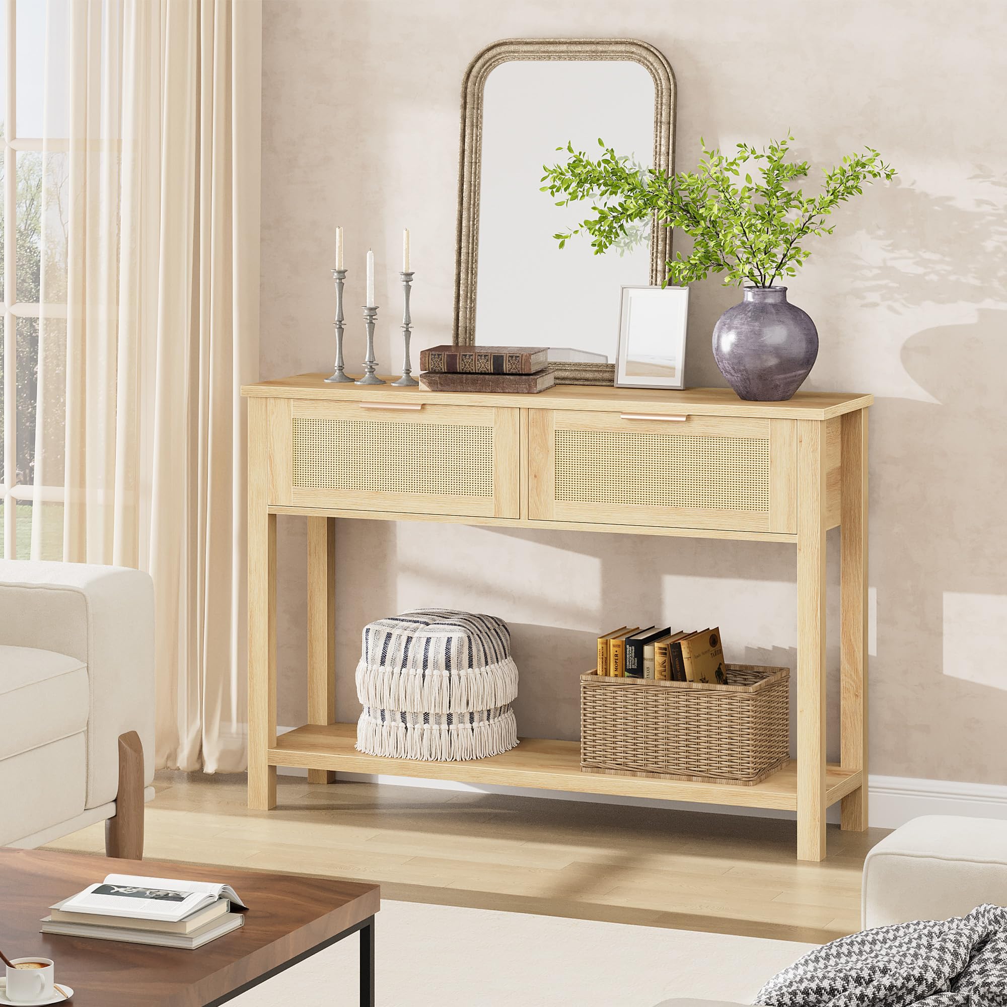 Garvee Table Console à 2 Niveaux, Meuble d’Entrée, Table d'appoint avec 2 Tiroirs en Rotin et Étagère de Rangement, pour Couloir Chambre Salon
