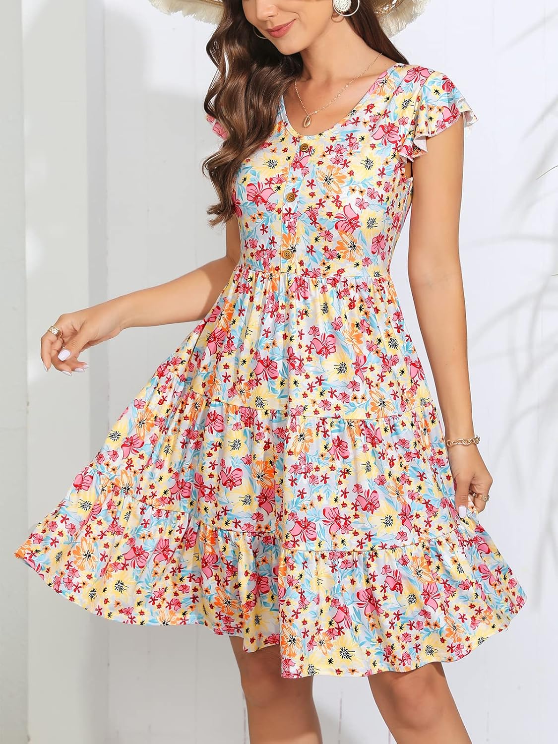 Lamilus Women's Casual Summer Dresses 2025 Ruffle Sleeves V-Neck Button Down Mini Dress Tiered Babydoll Swing Sundresses - Image 3