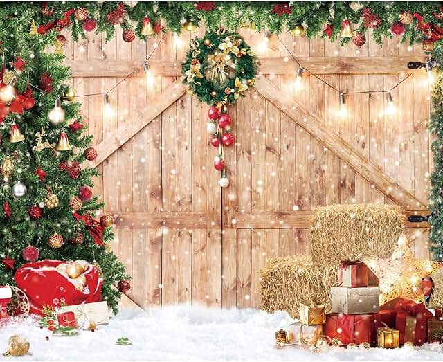 Christmas Backdrop 10x8ft Soft Fabric Rustic Barn Wood Door Backdrop for...