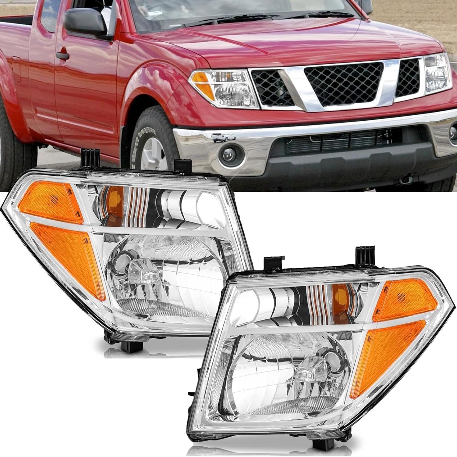 Headlights Assembly Compatible with Nissan 2005 2006 2007 2008 Frontier Head Lights Replacement for 2005-2007 Pathfinder Halogen Headlamp, Pair Chrome CLear Lens, Driver and Passenger Side