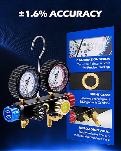 Miniatura 5 de Orion Motor Tech - Juego de medidores de aire acondicionado de 4 vías, juego de manómetros de aire acondicionado para refrigerante R410a, R22,