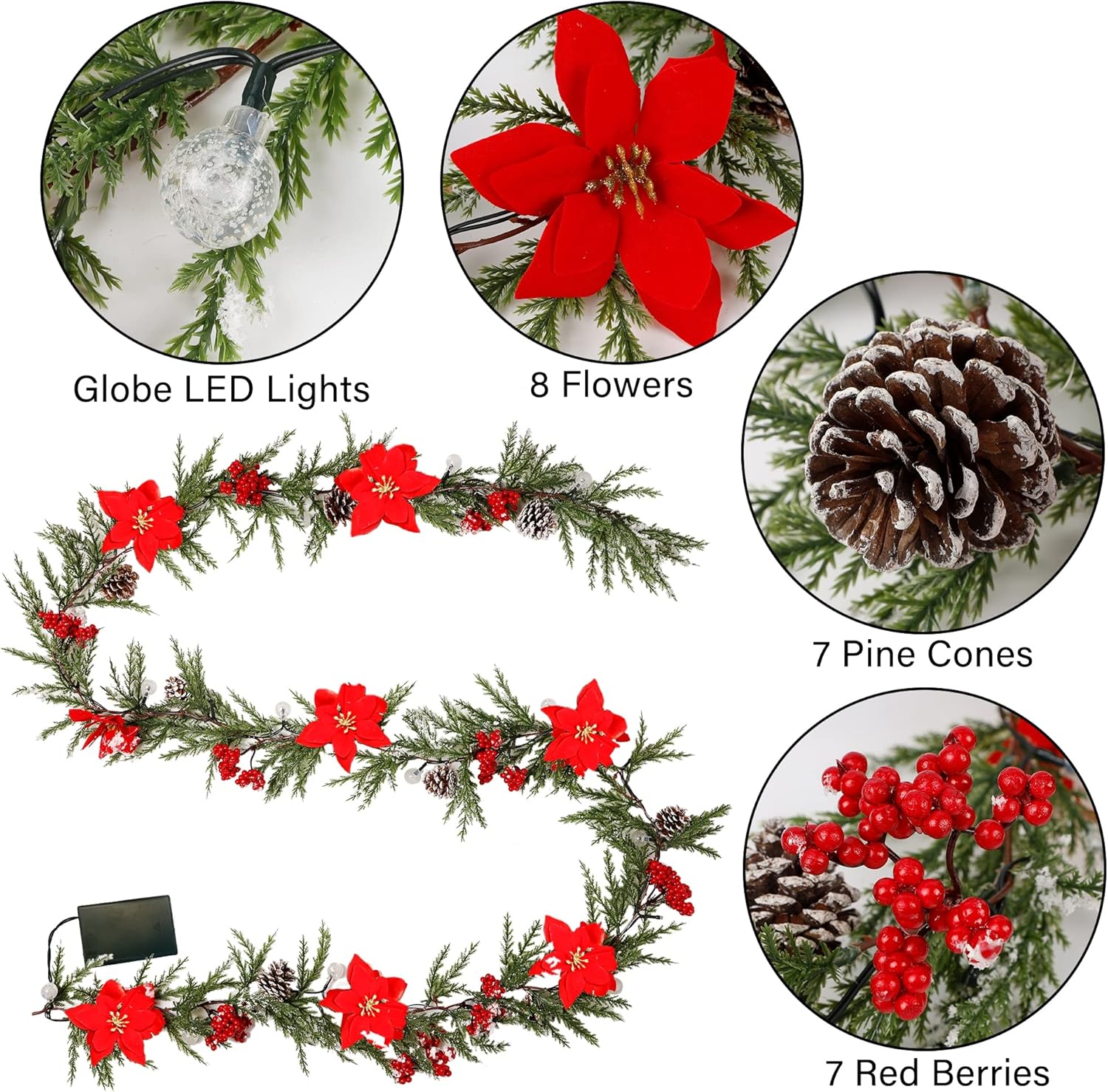 DR.DUDU 9 FT Pre-lit Artificial Christmas Garland with 30 LED Lights, Battery Powered with Pine Cones, Red Berries, Pine Needles, Lighted Christmas Wreath for Holiday Party, Xmas Tree Decorations