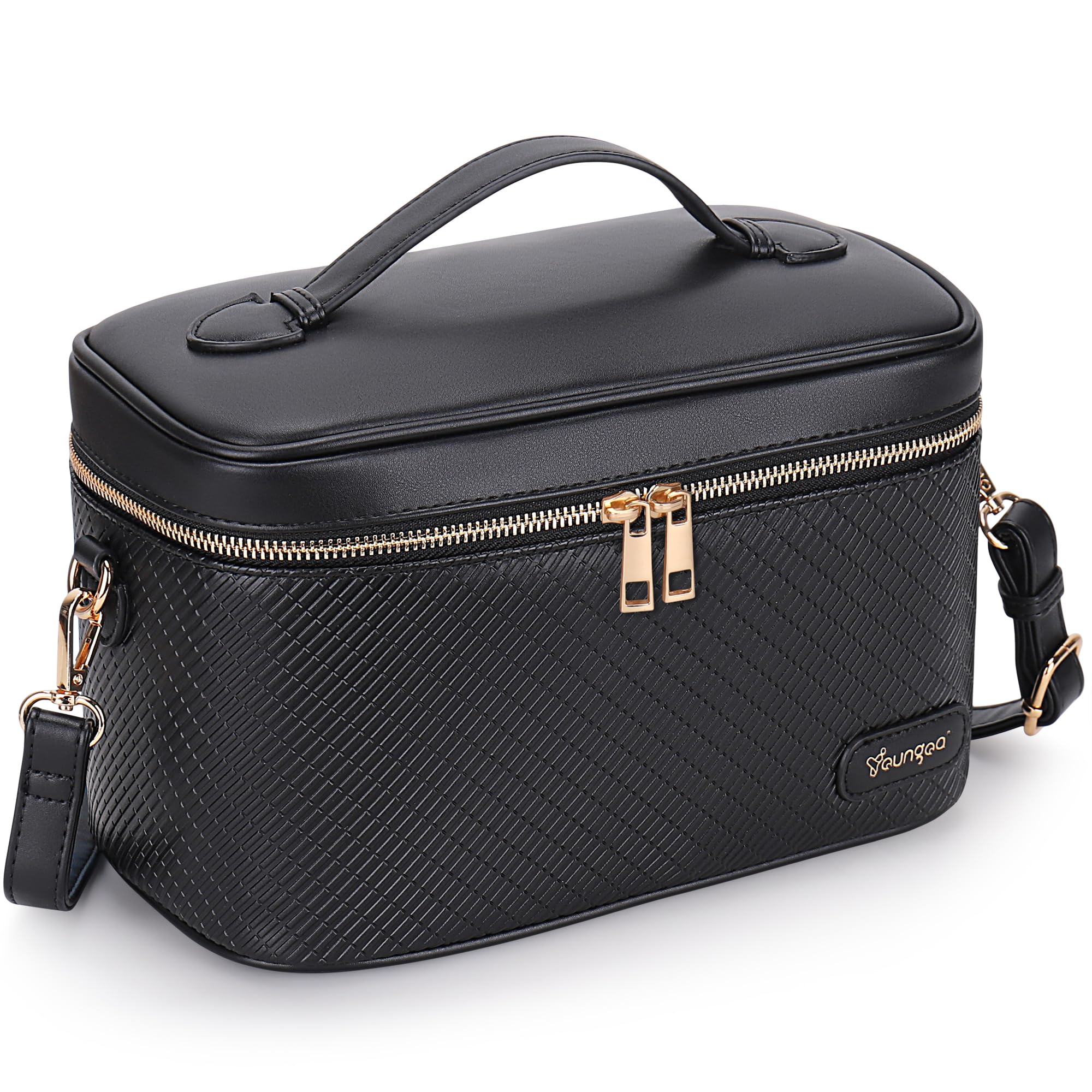 Youngoa Kosmetiktasche Groß für Damen, Leder Reise Make Up Tasche, wasserdichte Kulturtasche mit Herausnehmbarer Trennwand und Schultergurten