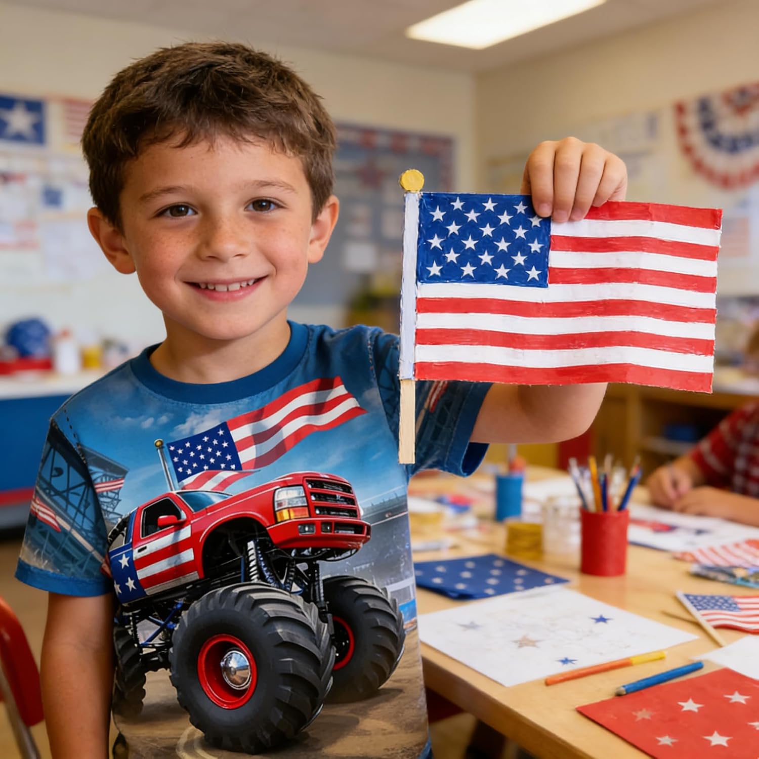 Boys 4th of July Shirt American Flag Tshirt for Kids USA Flag Outfits Toddler Patriotic Tee Monster Truck Top T-Shirt 3-10T