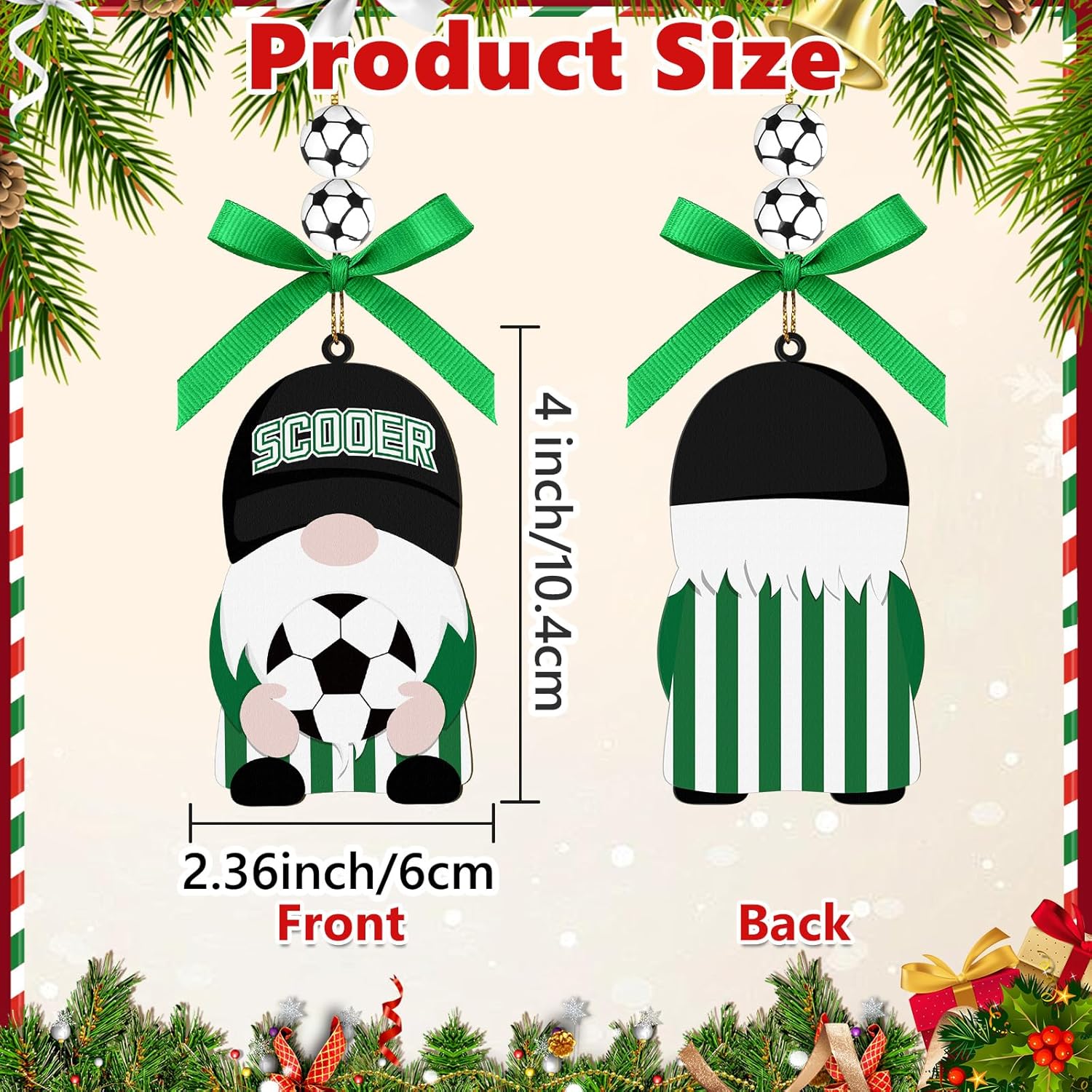 Christmas Gnome Soccer Ornaments, Wood Hanging Sports Christmas Tree Decorations with Sports Ball and Bow, Soccer Gifts for Soccer Lovers Fans Holiday Party Office Indoor Car Supplies - Image 2