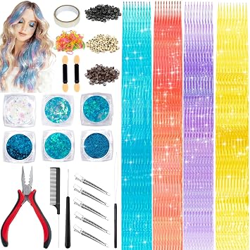 Hair Extension Tools Kit,300 Pcs Silicone Lined Micro Links Beads3 colours 100 Rubber Bands 6 Blue Glitter 1 Micro Beads Plier 2 Hook Needle Pulling Loop 5 Hair Clips, 1 Comb Hair Tinsel 40Pcs/Pack