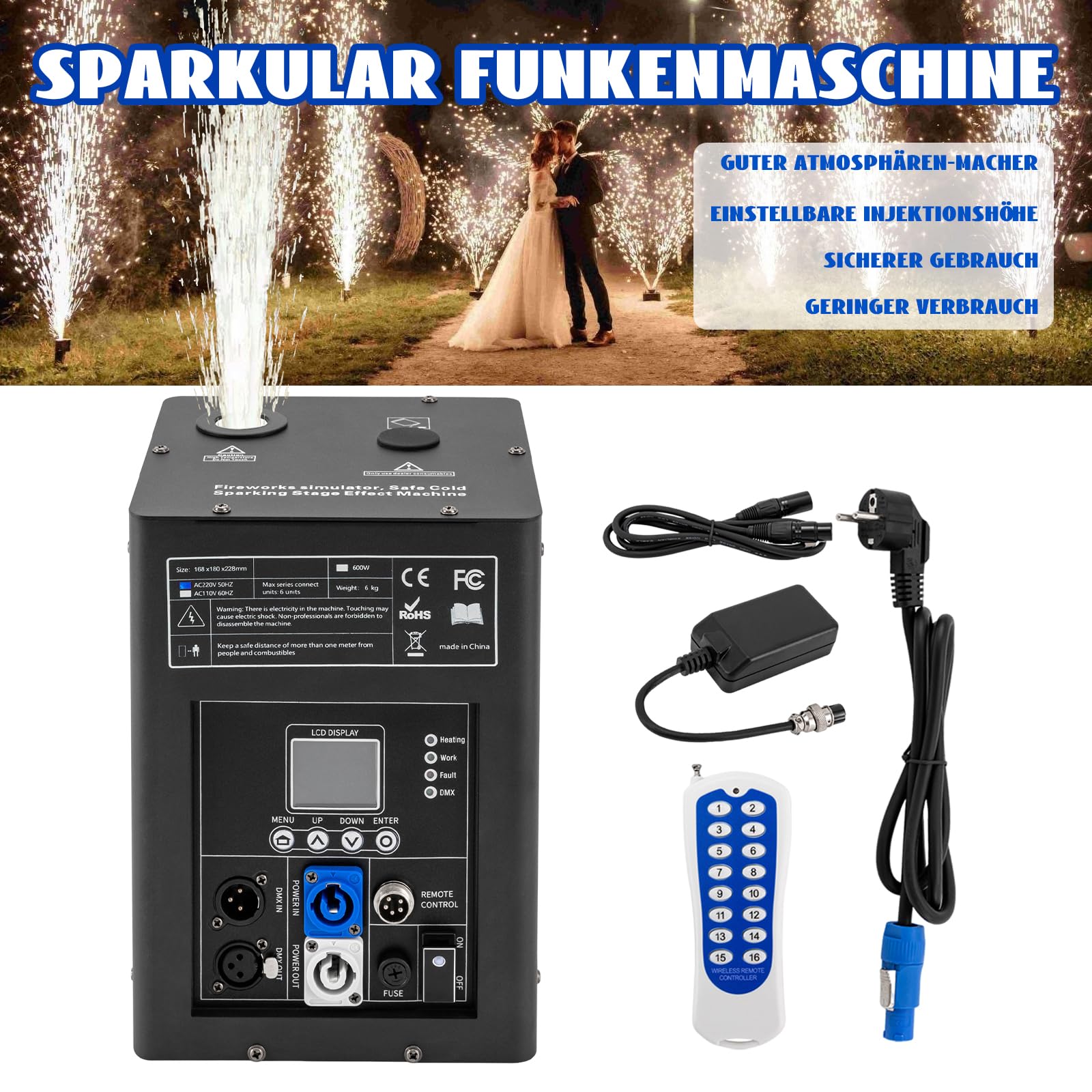 Bühneneffektmaschine 600W DMX Funkenmaschine | Drahtlose Fernbedienung | Schwarzes Metall | 2-5M Sprühhöhe | für Hochzeit, Party | Deutsche Anleitung