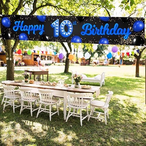 Miniatura 5 de Cartel azul y negro de feliz cumpleaños número 10 años de edad, globos de confeti, decoración temática para niñas de 10 años, suministros de