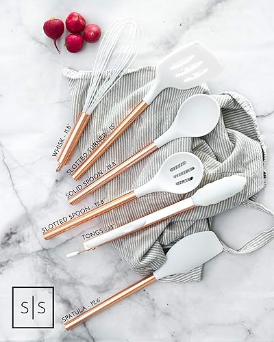 Miniatura 6 de STYLED SETTINGS Juego de utensilios de cocina de silicona blanca y cobre para cocinar y servir modernos, juego de 6 utensilios de cocina de cobre