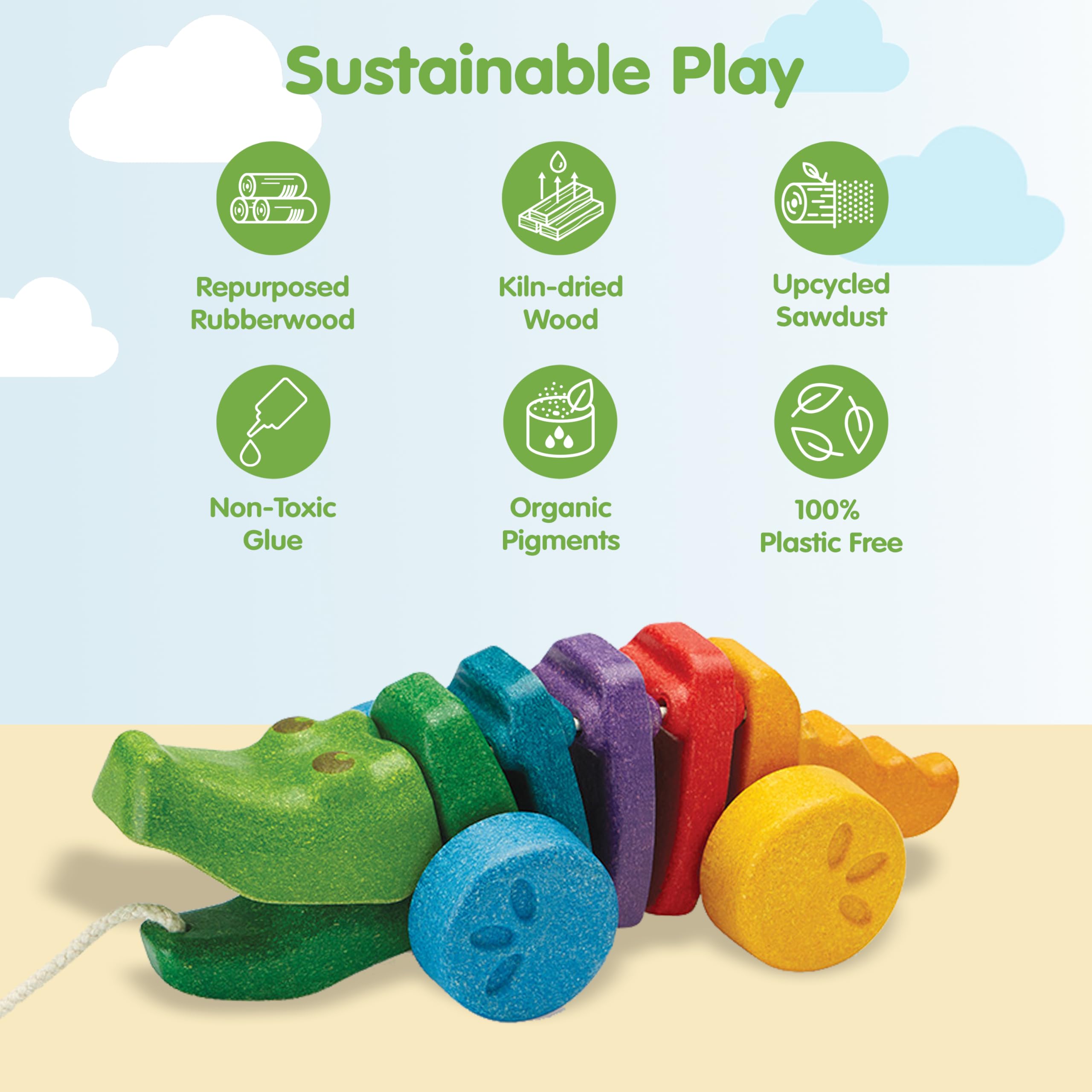 PlanToys Jouet à Tirer Crocodile Dansant - Animaux à Tirer en Bois dès 1 An - Jouet en Bois avec Bruit Clac-Clac - Jouet pour Bébé - Arc-en-Ciel