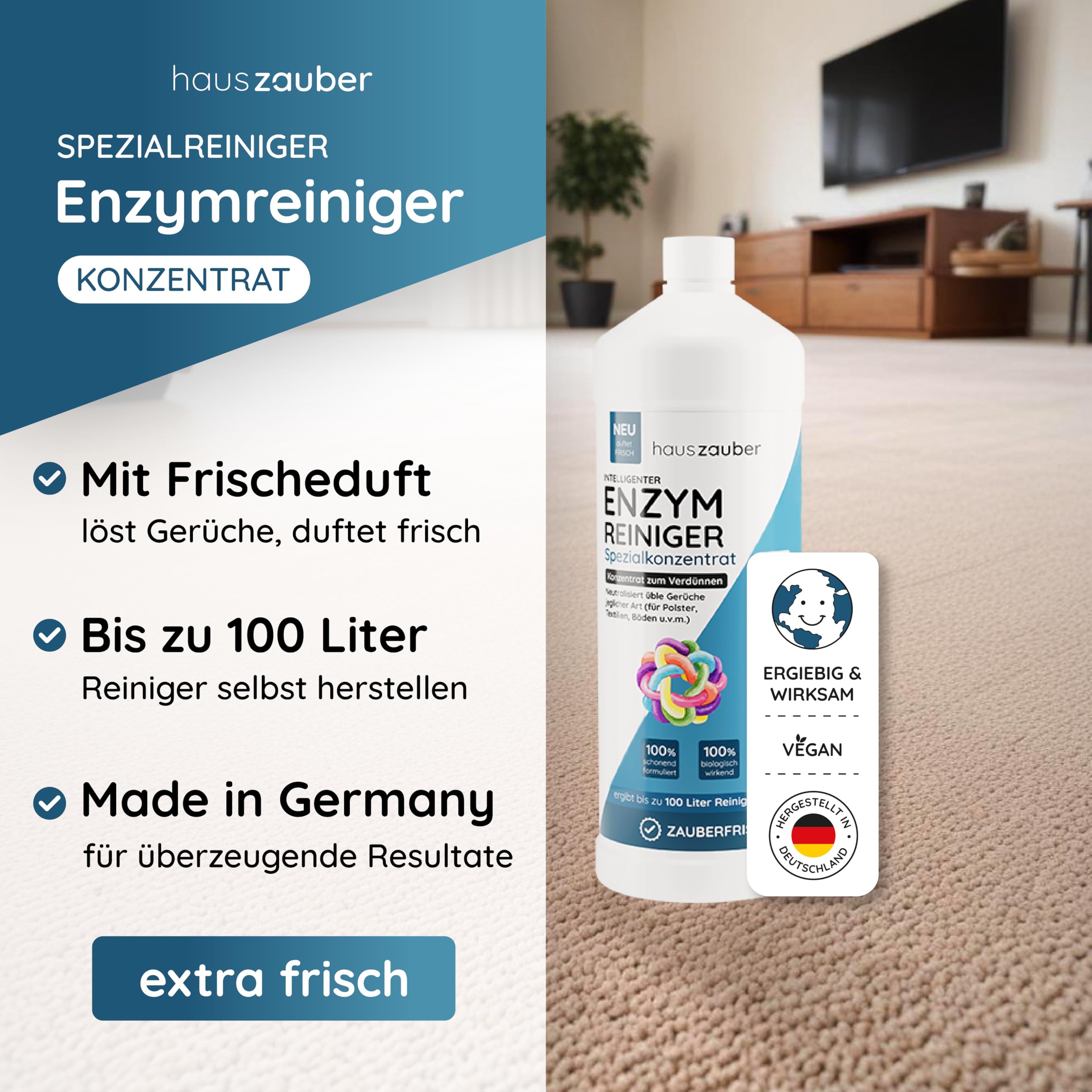 hauszauber - Enzymreiniger Konzentrat - [STARKER GERUCHSENTFERNER] - 1000 ml - Gegen Urin, Katzenurin, Hundeurin, Kot - Geruchsneutralisierer - Zauberfrische