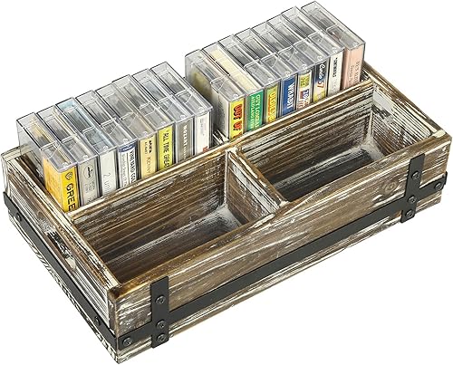 Miniatura 7 de MyGift Caja de almacenamiento de cinta de casete retro de madera maciza rústica con detalles industriales de metal negro mate y 4 compartimentos,