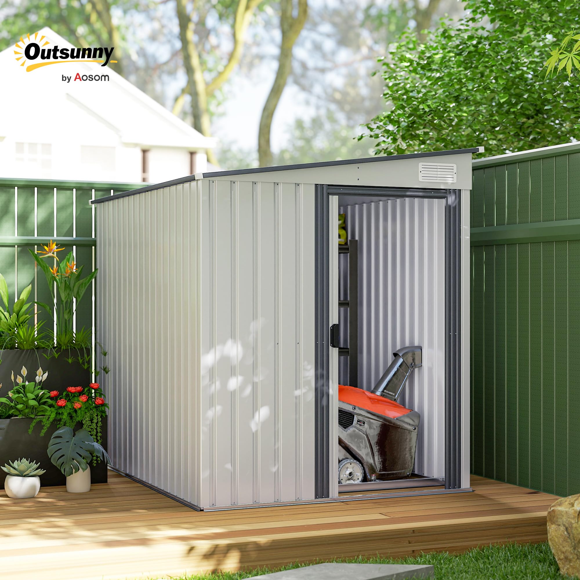 Outsunny Casetta da Giardino 2.81m² in Acciaio Zincato con Kit Fondazione, Capanno Porta Attrezzi Addossato con Ripiani Regolabili, Ganci, Tetto Inclinato, Prese d'Aria, Porta Scorrevole Bianco