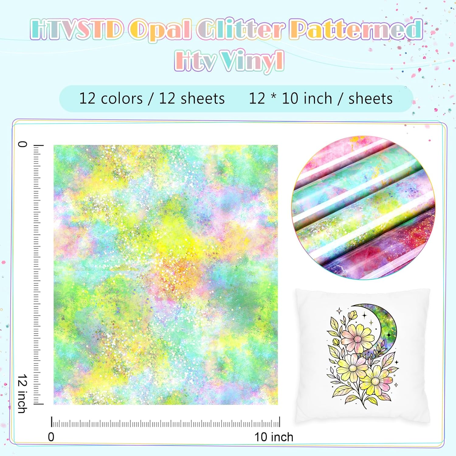 Opal Glitter Patterned Heat Transfer Vinyl-12sheets 12'' x 10'' Iridescent Color Shimmery Waterproof HTV for DIY Fashion
