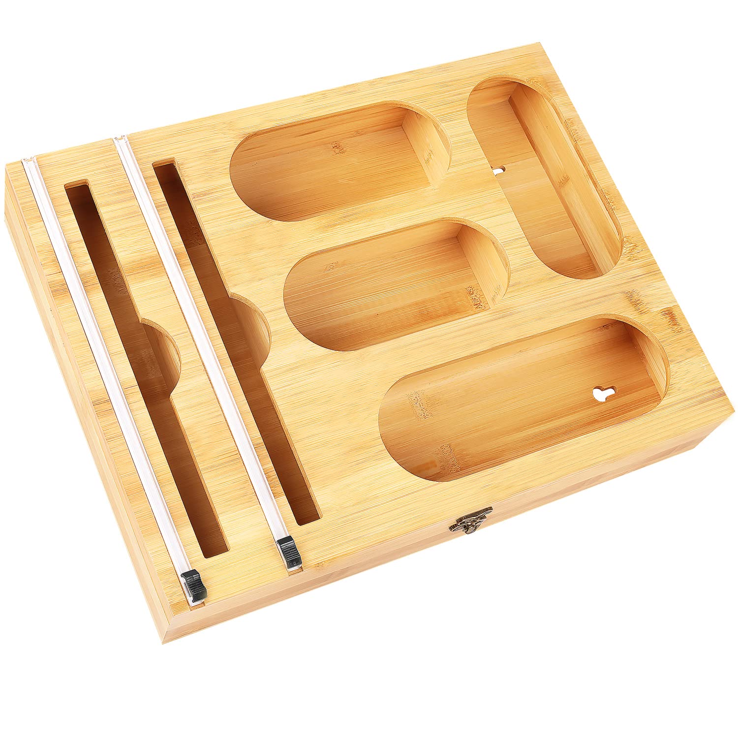 Photo 1 of 6 in 1 Bamboo Ziplock Bag Storage Organizer with Foil and Plastic Wrap Dispenser with Cutter, Compatible with Gallon, Quart, Sandwich Variety Size Bag and 12" Roll Plastic Wrap, Foil. Natural 6 Slots