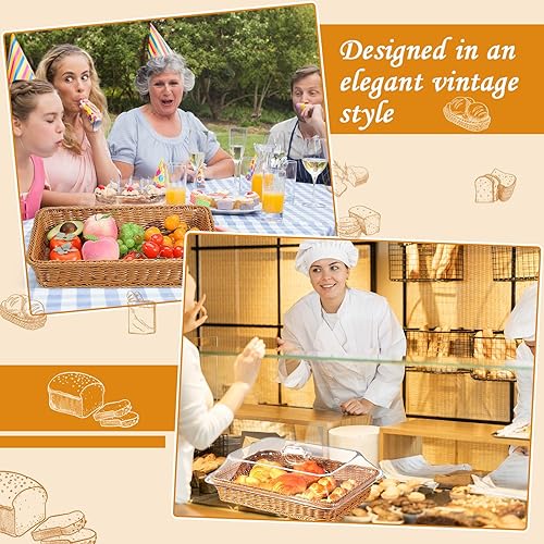 Miniatura 7 de Mumufy Paquete de 2 cestas de pan de ratán de imitación para servir con tapa acrílica, cesta de frutas tejida con cubierta, exhibición de alimentos
