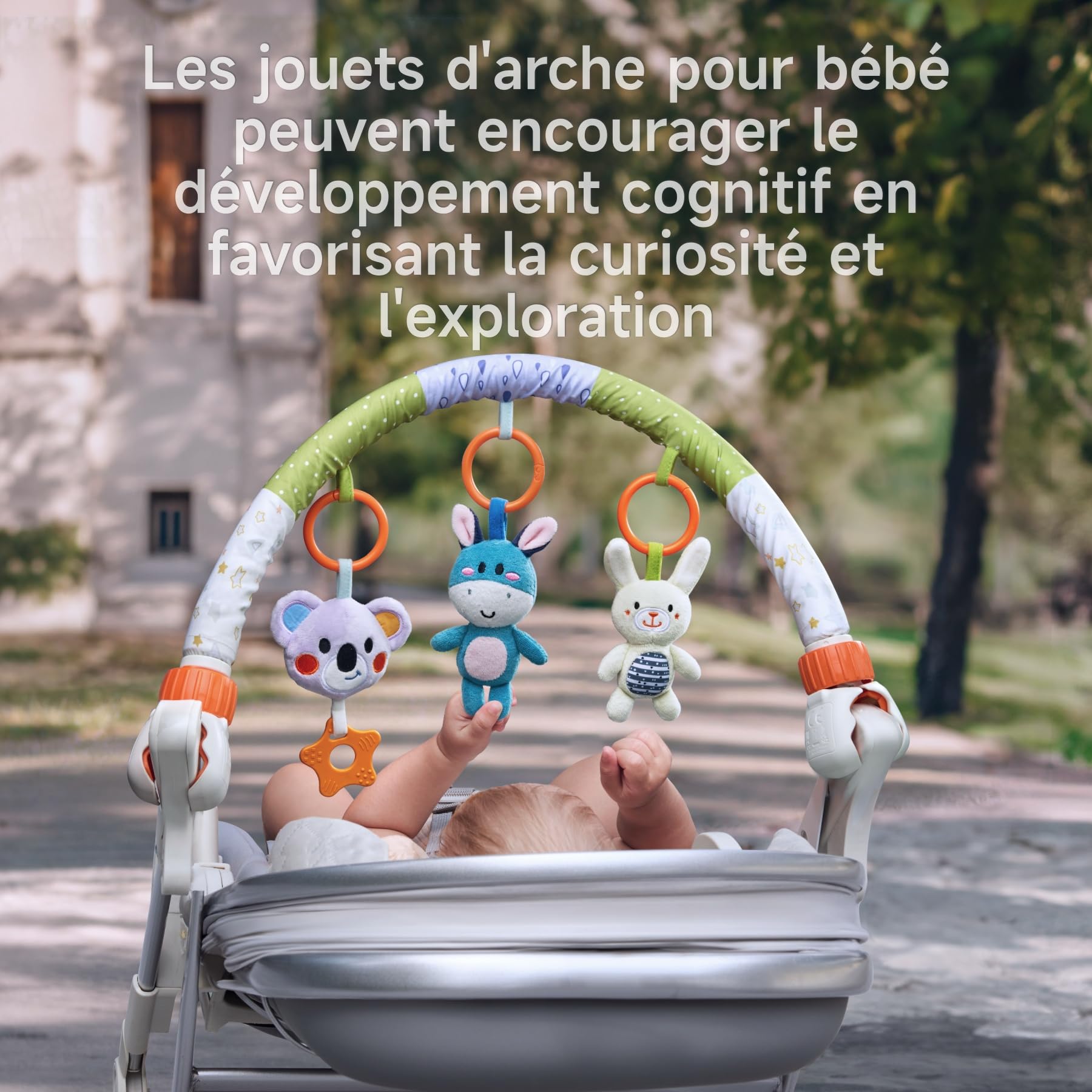 TUMAM Arche Eveil Jouet Poussette pour Bébé 0-3 6-9 Mois, Bebe Jeux Eveil Suspendu D'activité avec Hochet Et Anneaux De Dentition pour Auto, Stroller Arch, Berceau - Peluche Animaux Hochet Cadeau