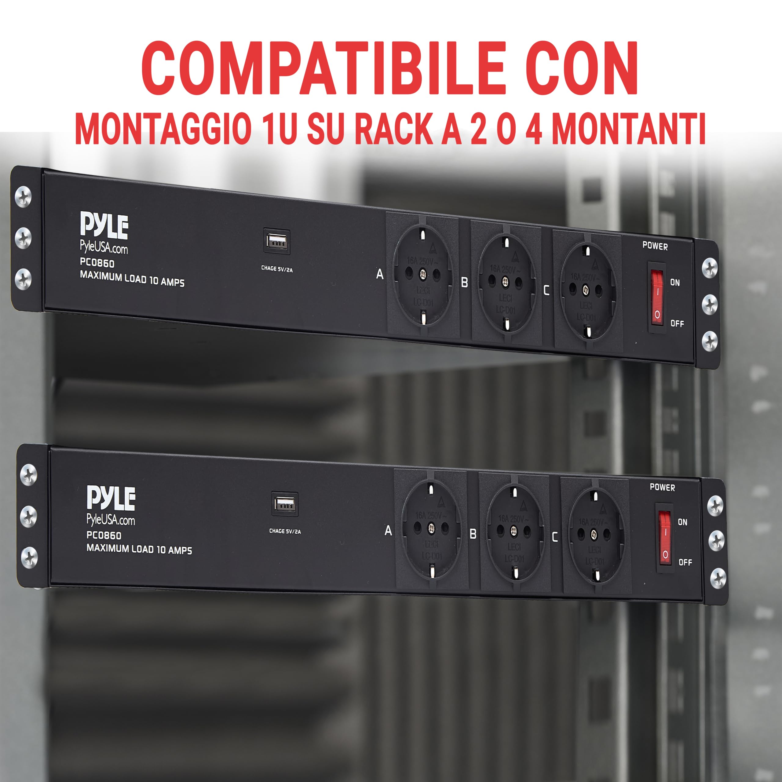 Pyle Multipresa Rack 1U da 48,26 cm con 12 Prese, Distribuzione Elettrica Affidabile per Studio, Ufficio e Montaggio su Rack
