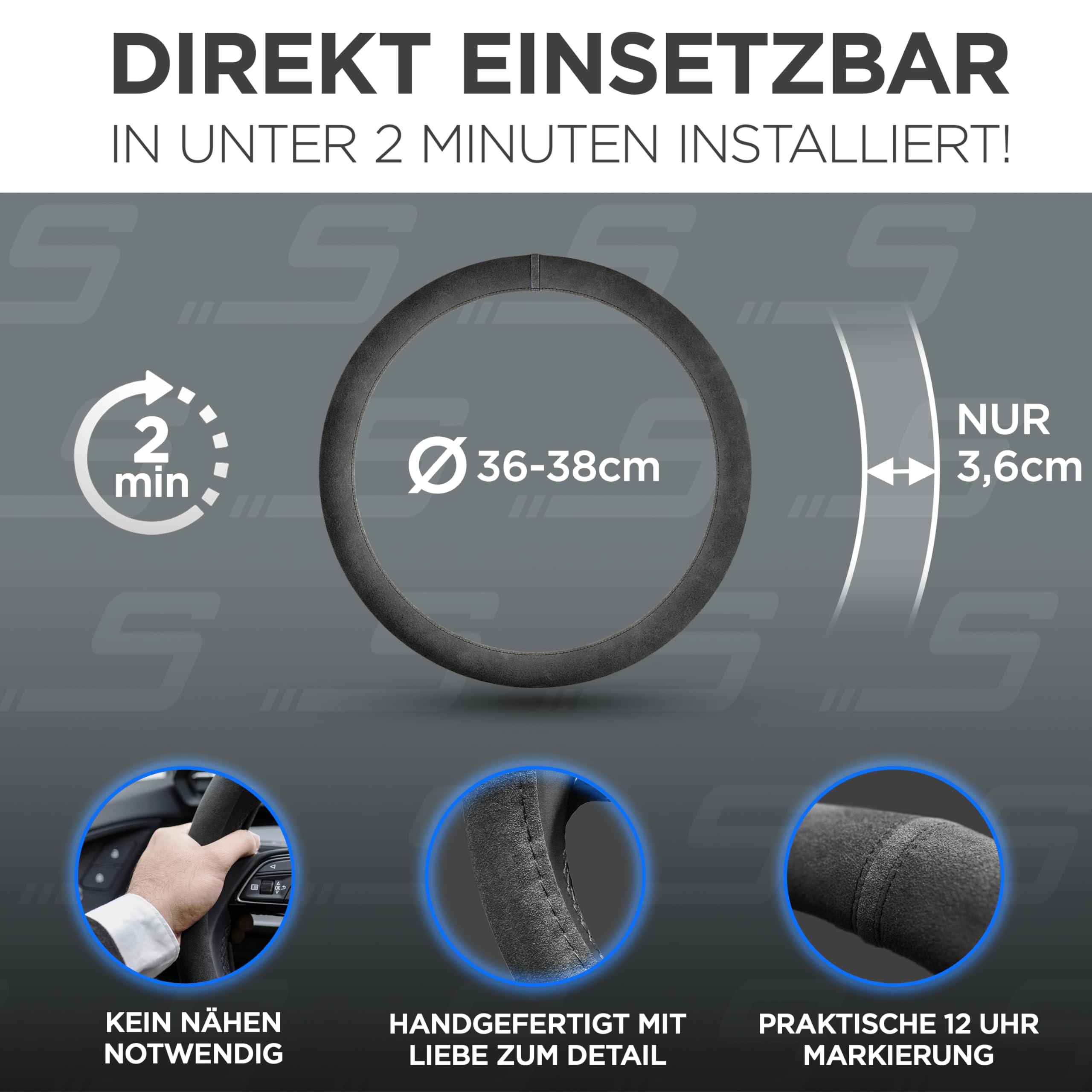 S-TETIC® Premium Lenkradbezug aus Alcantara | Schwarze 12-Uhr Markierung | Universalgröße 36-38 cm | Lenkradcover | für Sommer und Winter