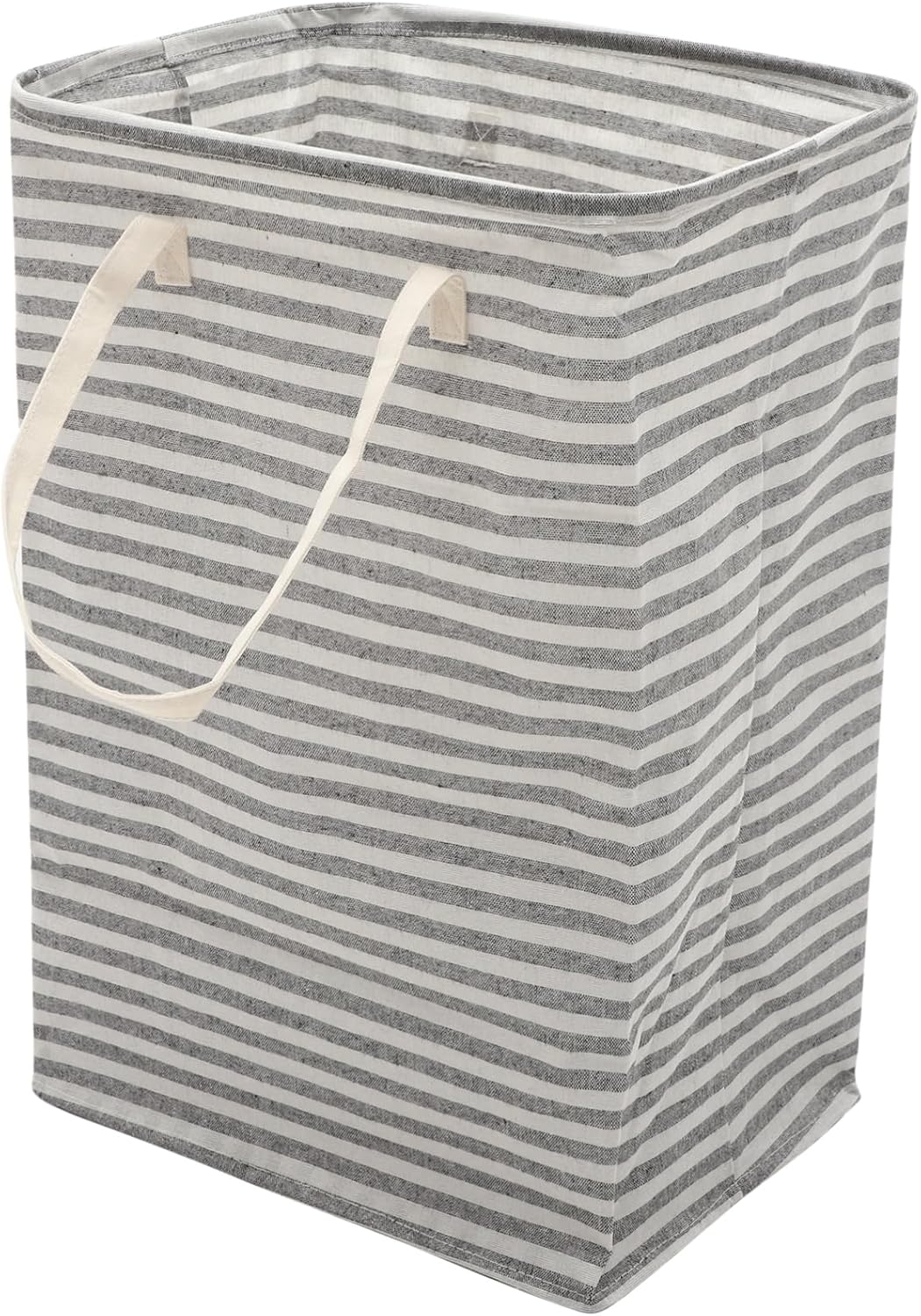 Foldable Laundry Basket with Handle Wear Resistant Large Capacity Clothes Storage Container Lightweight Collapsible Hamper for Bedroom Dorm Bathroom Gray Cotton Linen Stripe