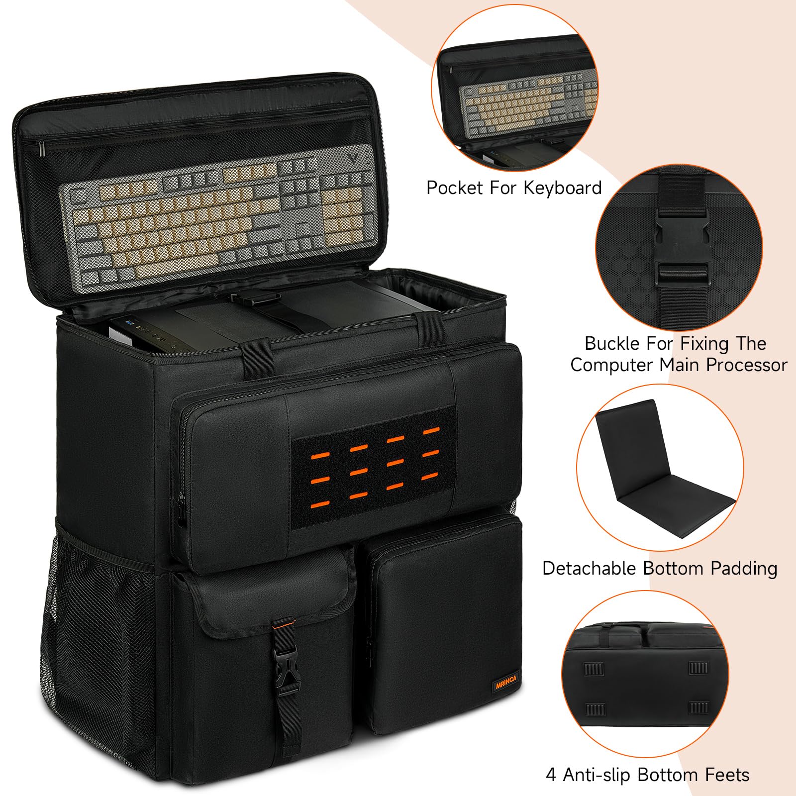 Mochila de viaje para PC para computadora de escritorio ATX Mid-Tower, funda de transporte portátil para PC con bolsillos para teclado, mouse, cables y accesorios, correas acolchadas ajustables 4