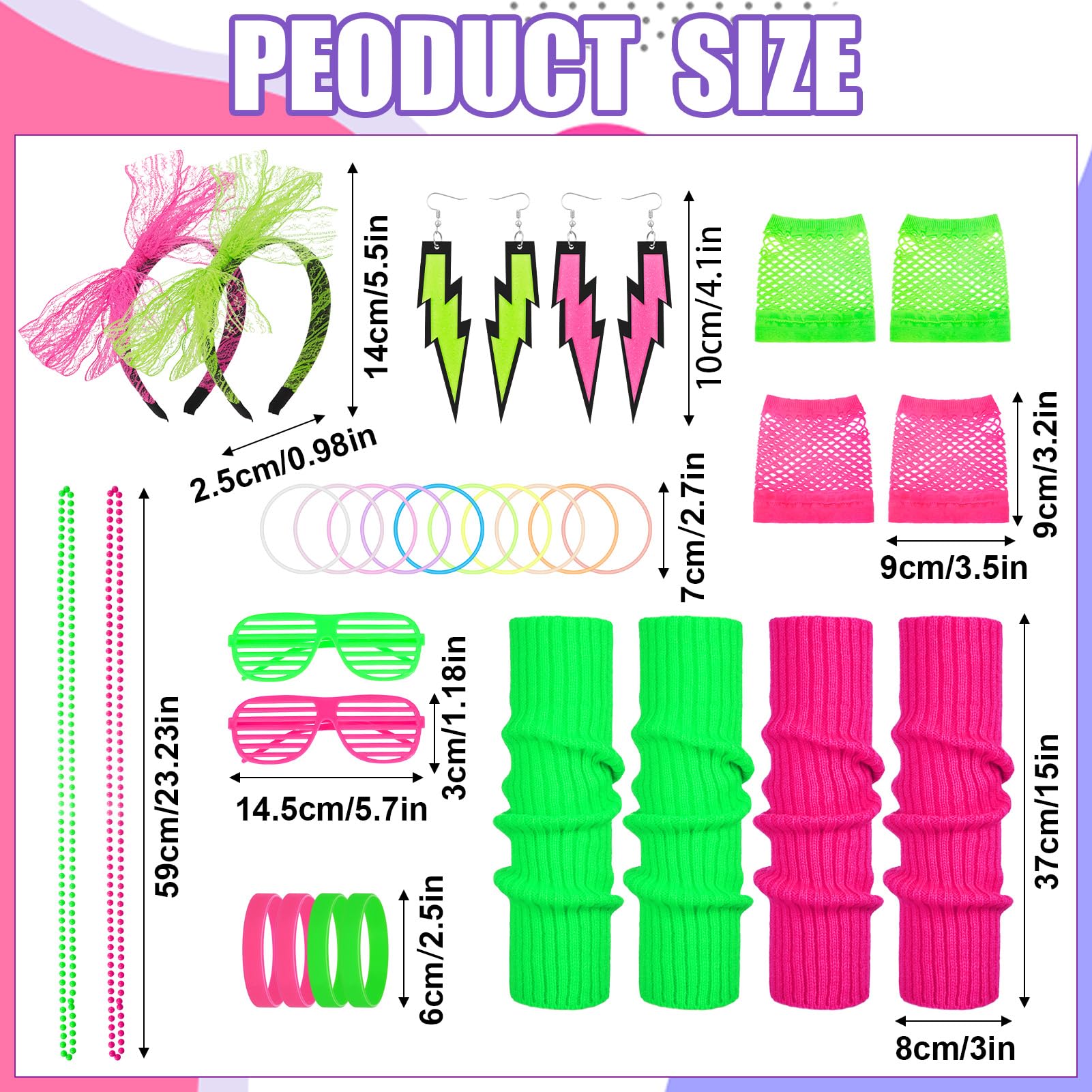 FRIUSATE 42 Pcs 80s Fancy Dress for Women Neon Pink & Green 80s Accessories with Leg Warmers Lace Bow Headband Necklaces Bracelet Fishnet Gloves - Image 2