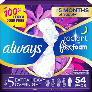 Always Radiant FlexFoam Overnight Pads with Wings - Extra Heavy Absorbency, Size 5, Lightly Scented, 54 Ct