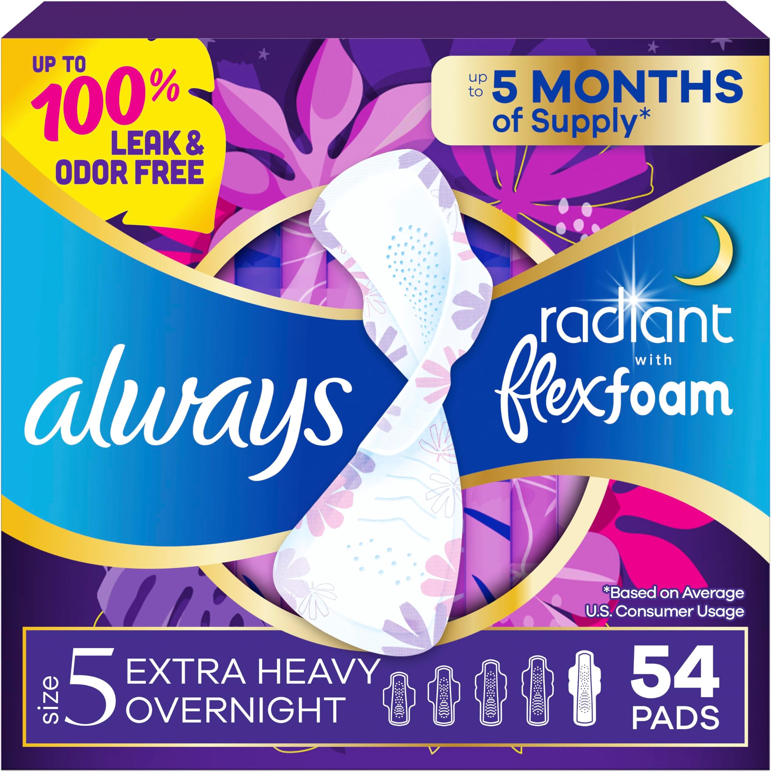 Radiant Feminine Pads for Women, Flexfoam Pads with Wings, Size 5, Extra Heavy Overnight Absorbency, Lightly Scented, 54 Count (3 Packs of 18)