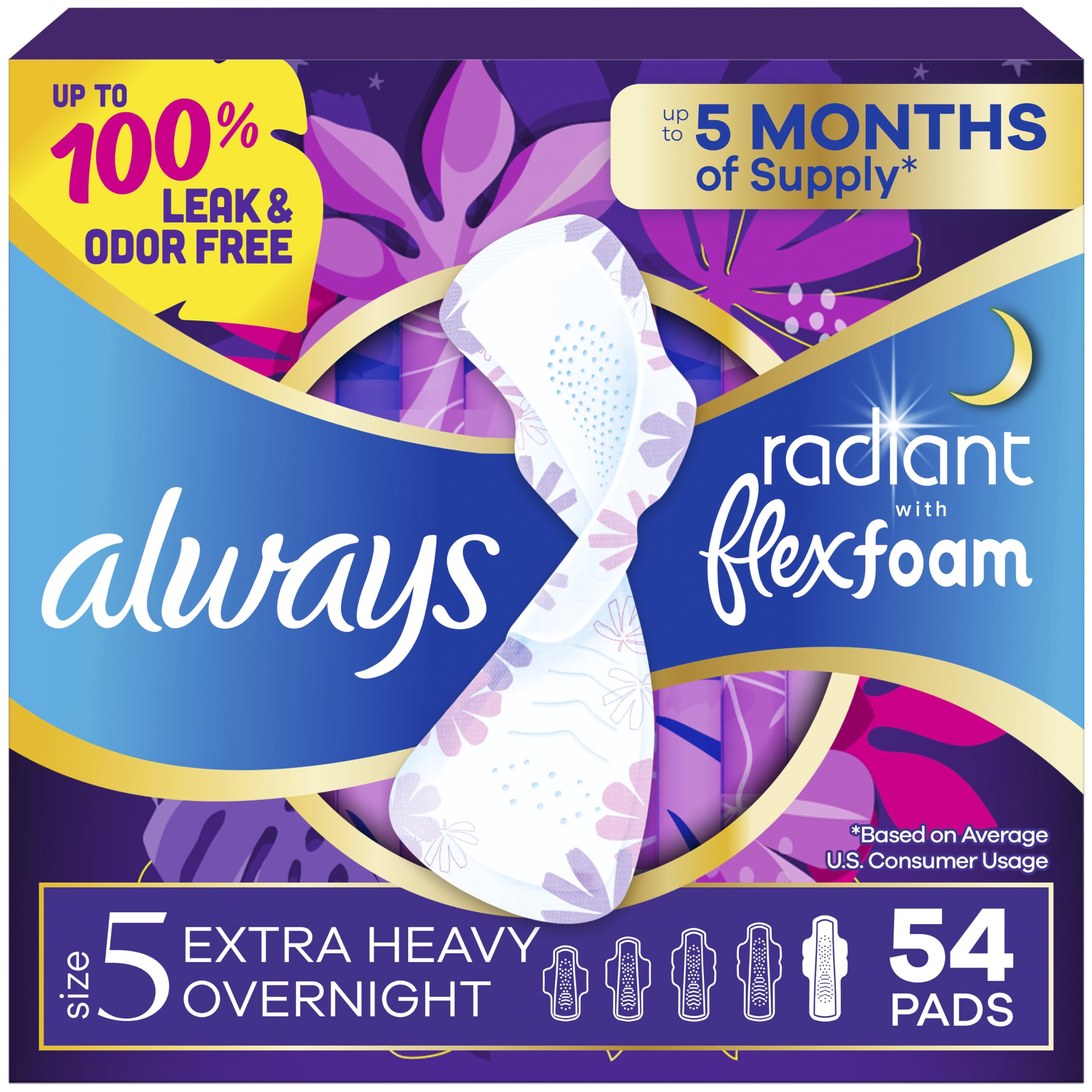 Always Radiant Feminine Pads for Women, Flexfoam Pads with Wings, Size 5, Extra Heavy Overnight Absorbency, Lightly Scented, 54 Count (3 Packs of 18)