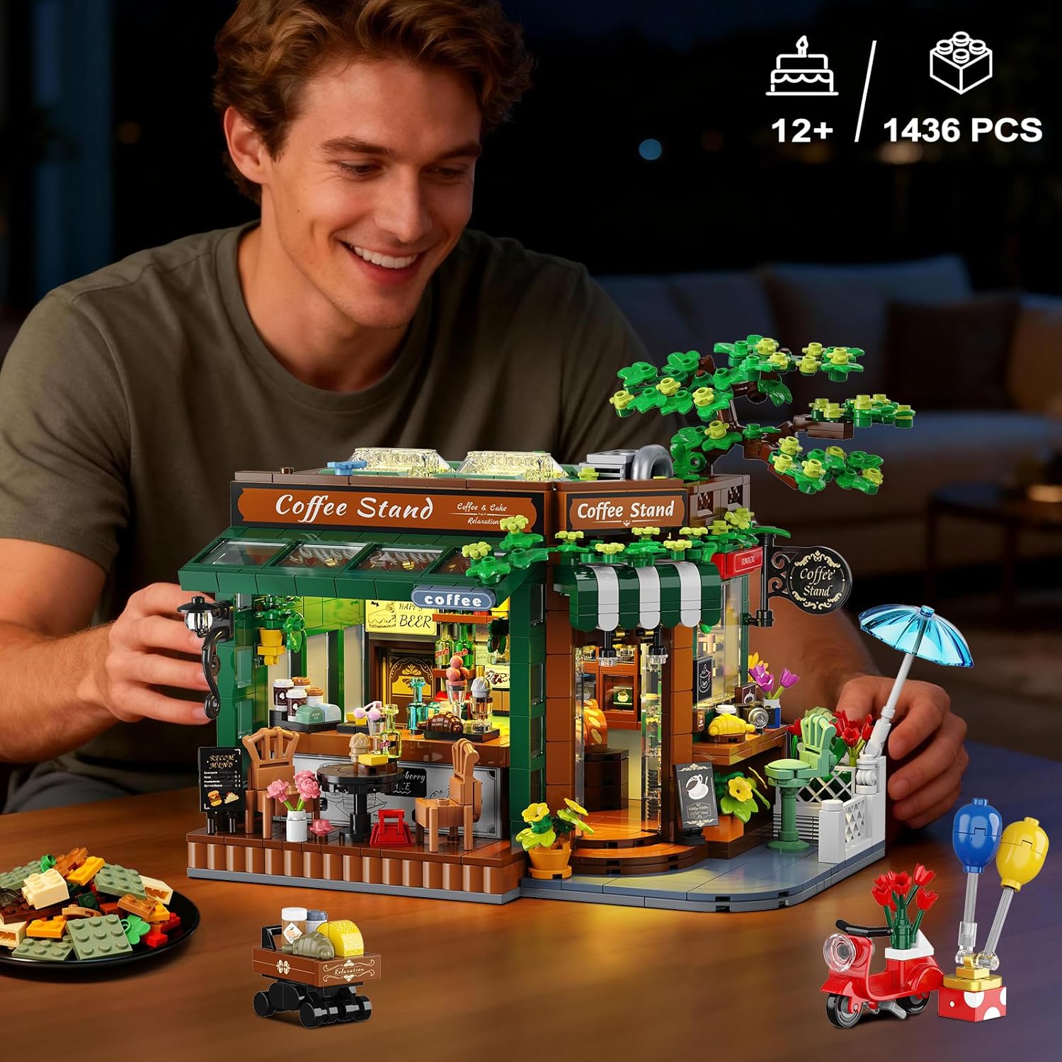 INSOON City Street Café House Building Set with Lights, 1493 PCS Retro Coffee Stand Building Block with Openable Design, Coffee Shop Model for Home Decor, Gift for Adults Women Teens Boys Girls 12+