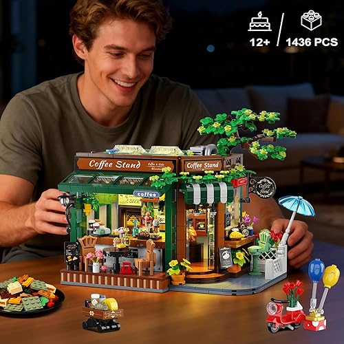 Miniatura 4 de Juego de construcción de soporte de café callejero con luz LED, kit de bloques de construcción de casa de café urbano, arquitectura clásica de