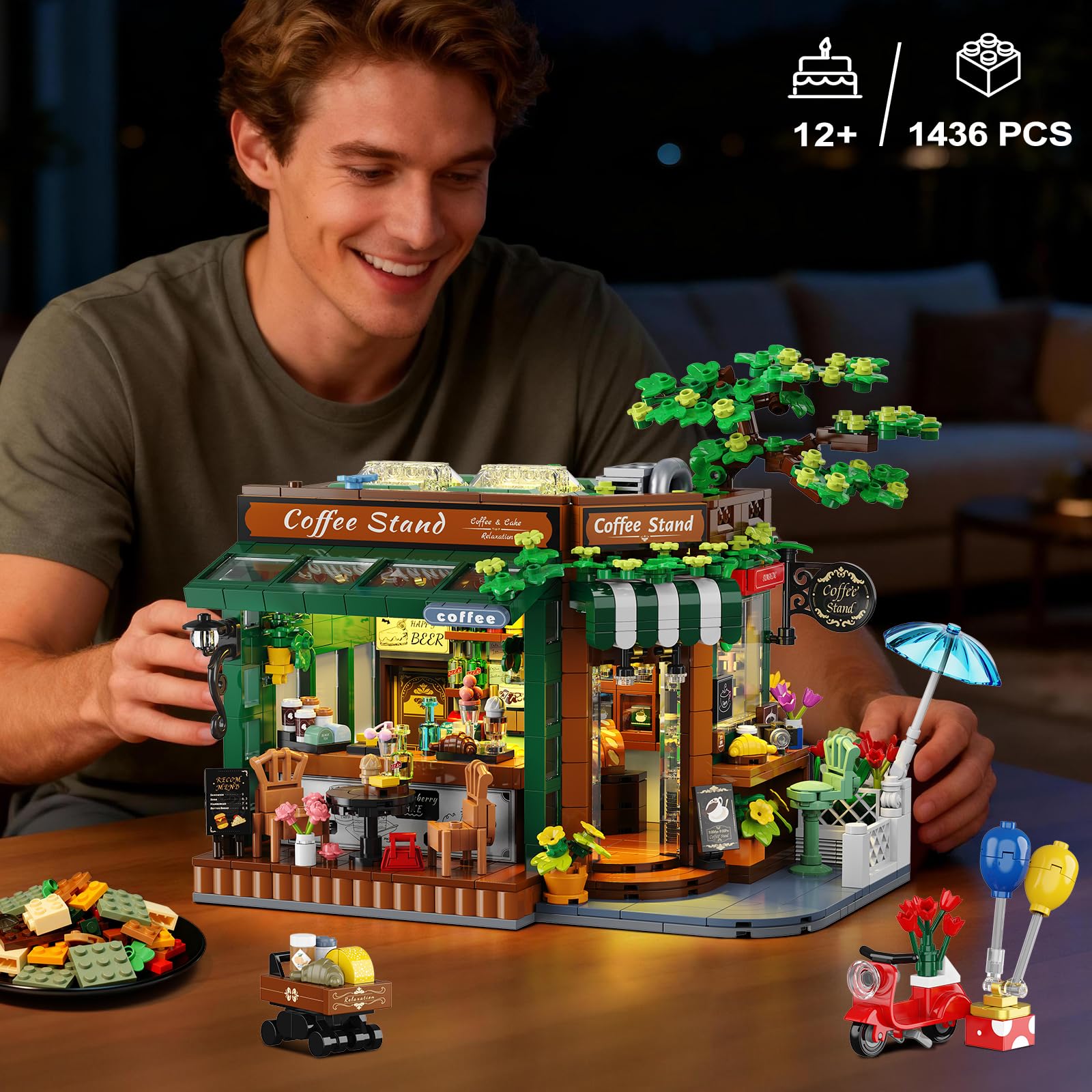 INSOON City Street - Set da costruzione per casa da caffè con luci, 1493 pezzi, stile retrò, con design apribile, modello per caffetteria, decorazione domestica, regalo per adulti, donne, adolescenti