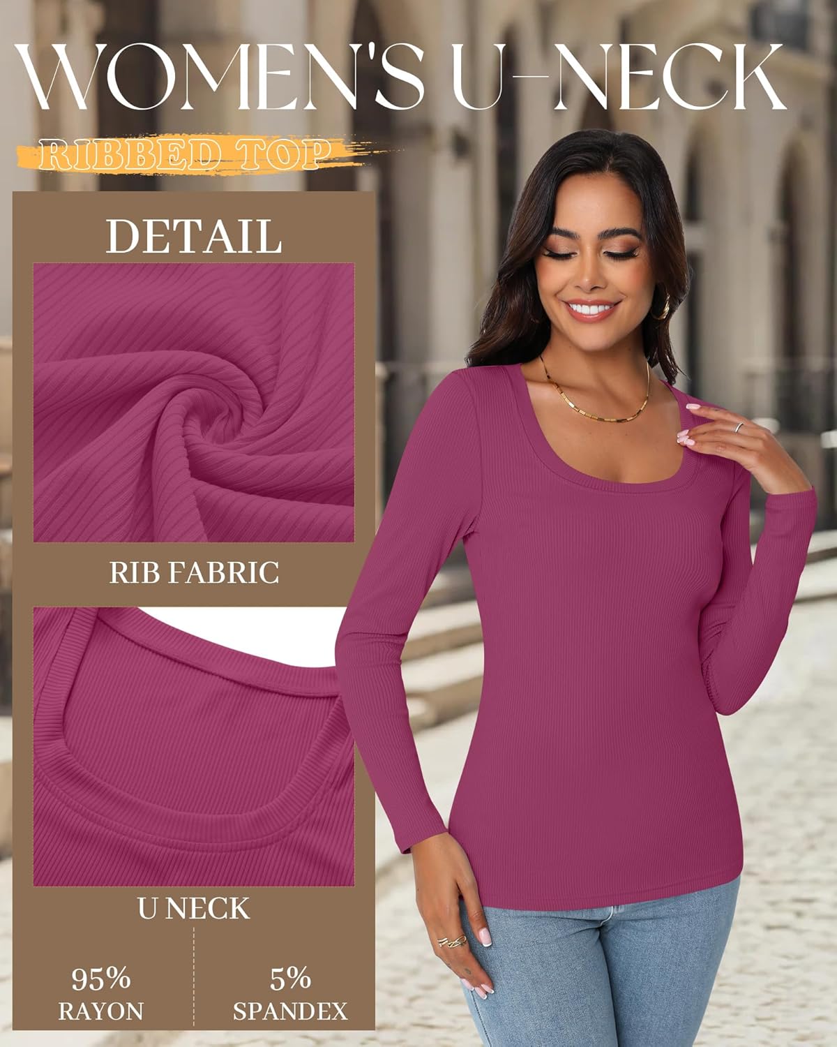 Ficerd 3 Pack Women Long Sleeve Ribbed Tops Scoop Neck T-Shirts Thermal Undershirts Casual Slim Fitted Basic Layer Tees - Image 6