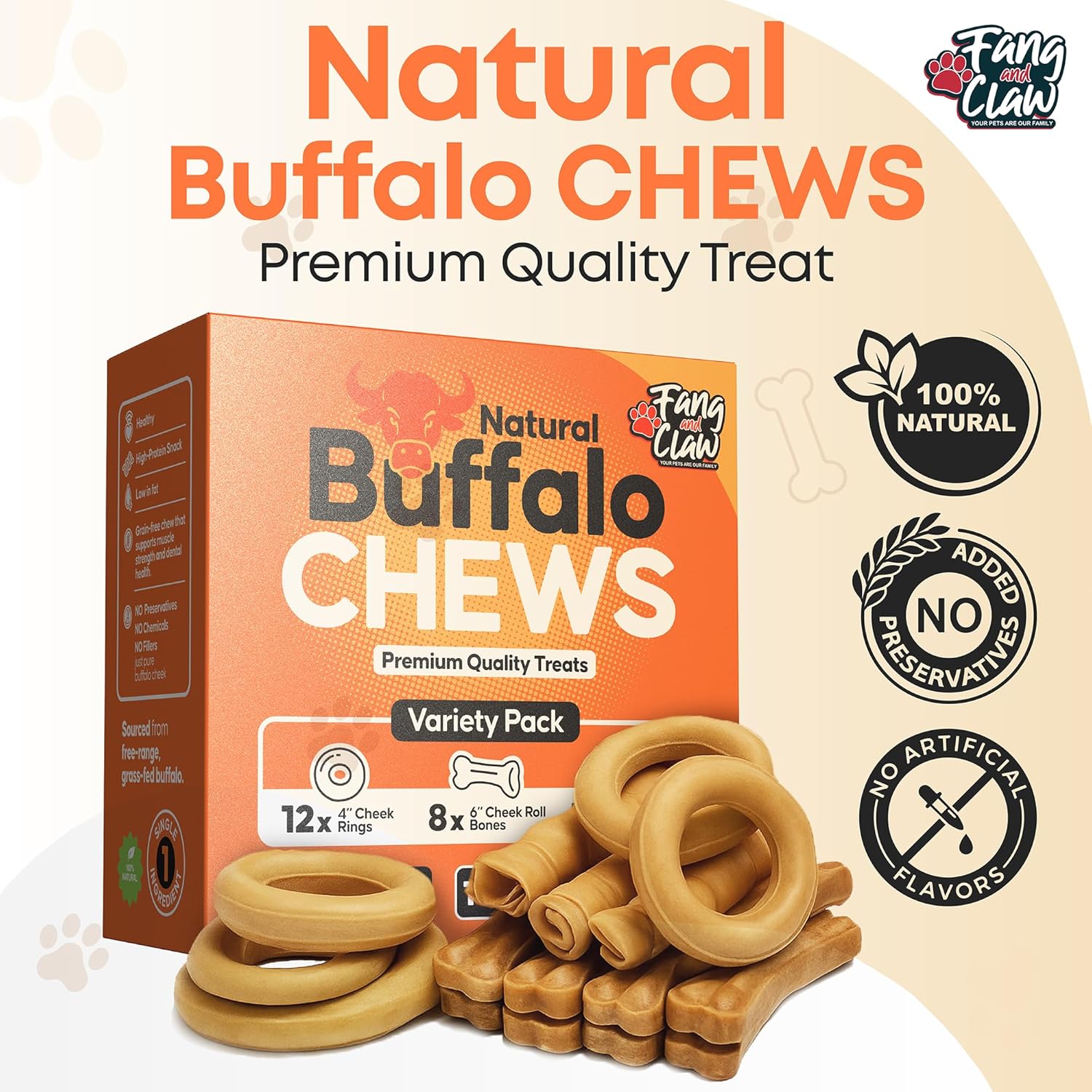 Fang & Claw Buffalo Cheek Dog Chews Variety Pack, Rawhide-Free Natural Dog Treats, 4" Cheek Rings, 6" Cheek Roll Bones and Rolls, Long Lasting Chews for Medium and Large Dogs