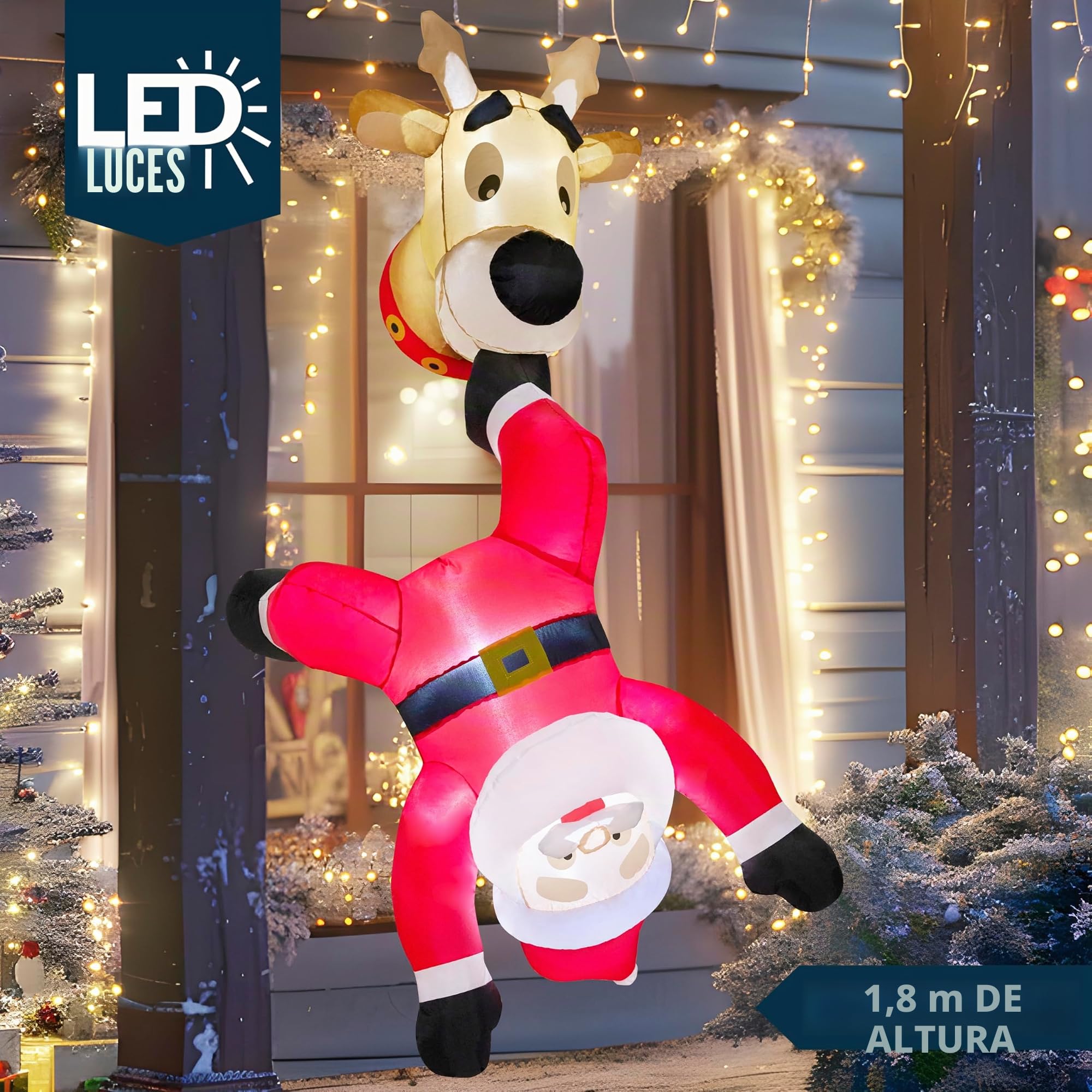 JOIEDOMI Papá Noel inflable de Navidad de 6 pies de alto con reno salido de la ventana, inflables de Navidad con LED integrado para decoración de ventanas, fiesta de Navidad al aire libre, decoración