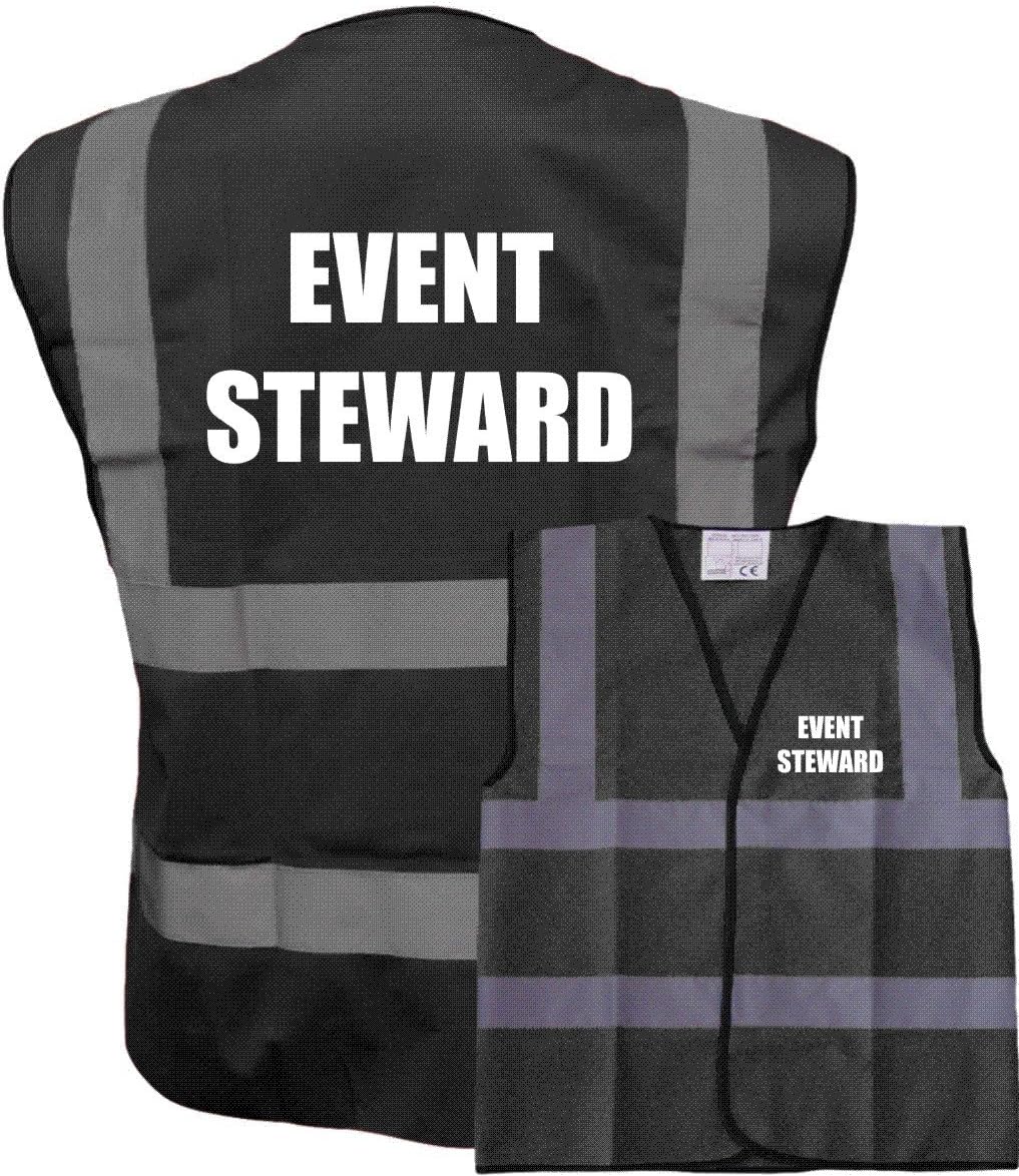 Event Steward Black Hi Vis Viz Safety Vest Waistcoat, Reflective High Visibility Work Wear, Events,