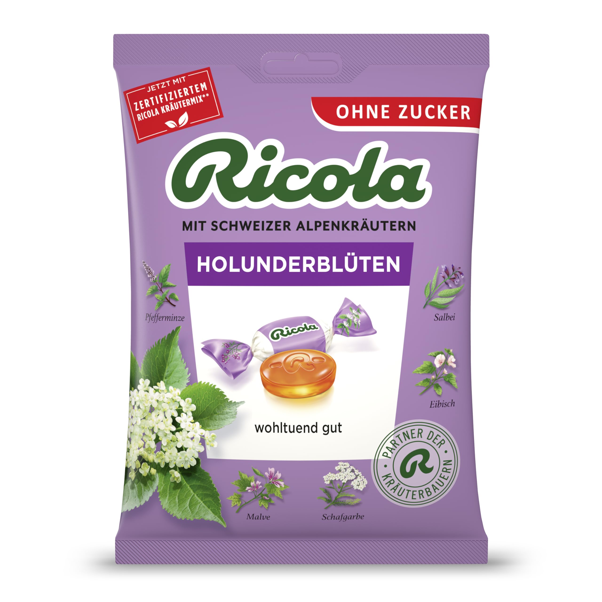 Ricola Holunderblüten, 75g Beutel Original Schweizer Kräuter-Bonbons mit 13 Alpenkräutern & fruchtig-frischer Holunderblüte, zuckerfrei, 1 x 75g, vegan
