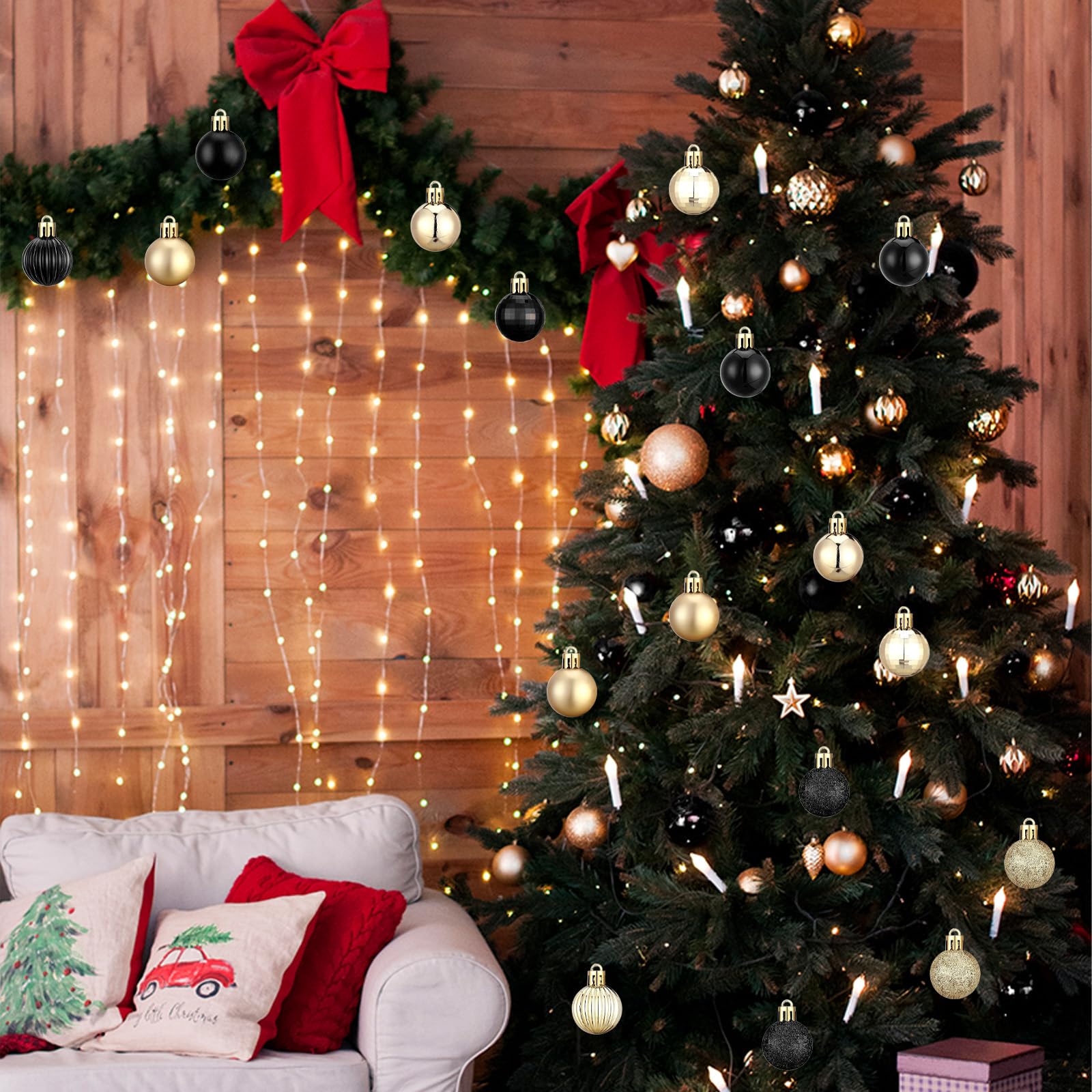 49 Boules De Noël Incassables Dorées/noires – 3 Cm – Crochet Inclus – Déco Sapin, Fête, Mariage, Anniversaire