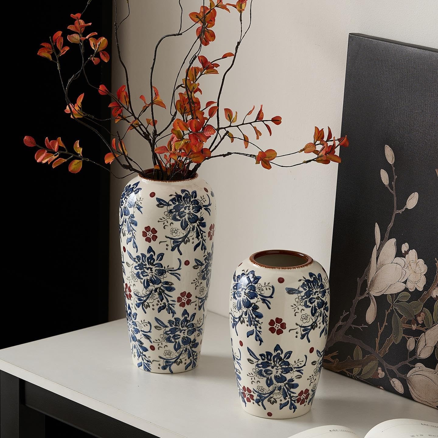 Ceramiczny wazon – ozdobny wazon na kwiaty, biało-niebieski wazon z chińskiej porcelany do dekoracji kwiatowej w domu i kuchni(B(29cm))