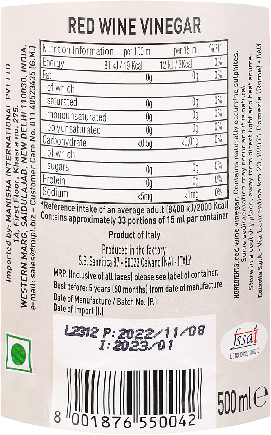 Ocet winny czerwony włoski szklana butelka 500 ml