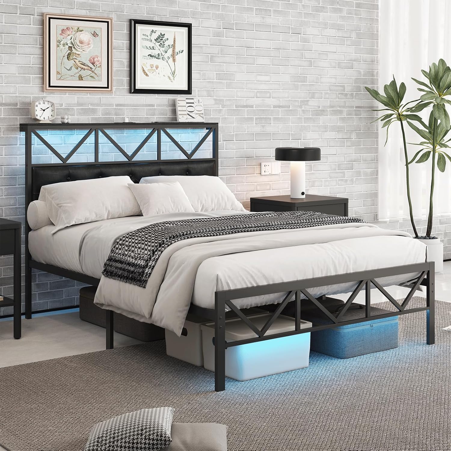 CollaredEagle Full Size Bed Frame with LED Light and Charging Station, Black Upholstered Headboard with Shelf, Under Bed Storage, No Box Spring Needed, Noise Free, Easy Assembly, Black
