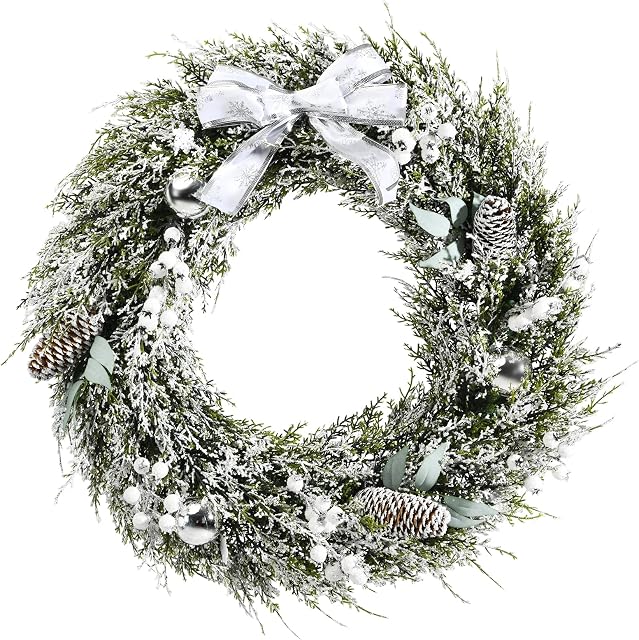 COSTWAY 60cm/24inch Christmas Wreath, Snow Flocked Xmas Decorated Garland with Silver Bowknot and Pine Cone, Artificial Wreath Decorations for Front Door Holiday Home (60 × 10cm without LED Lights)