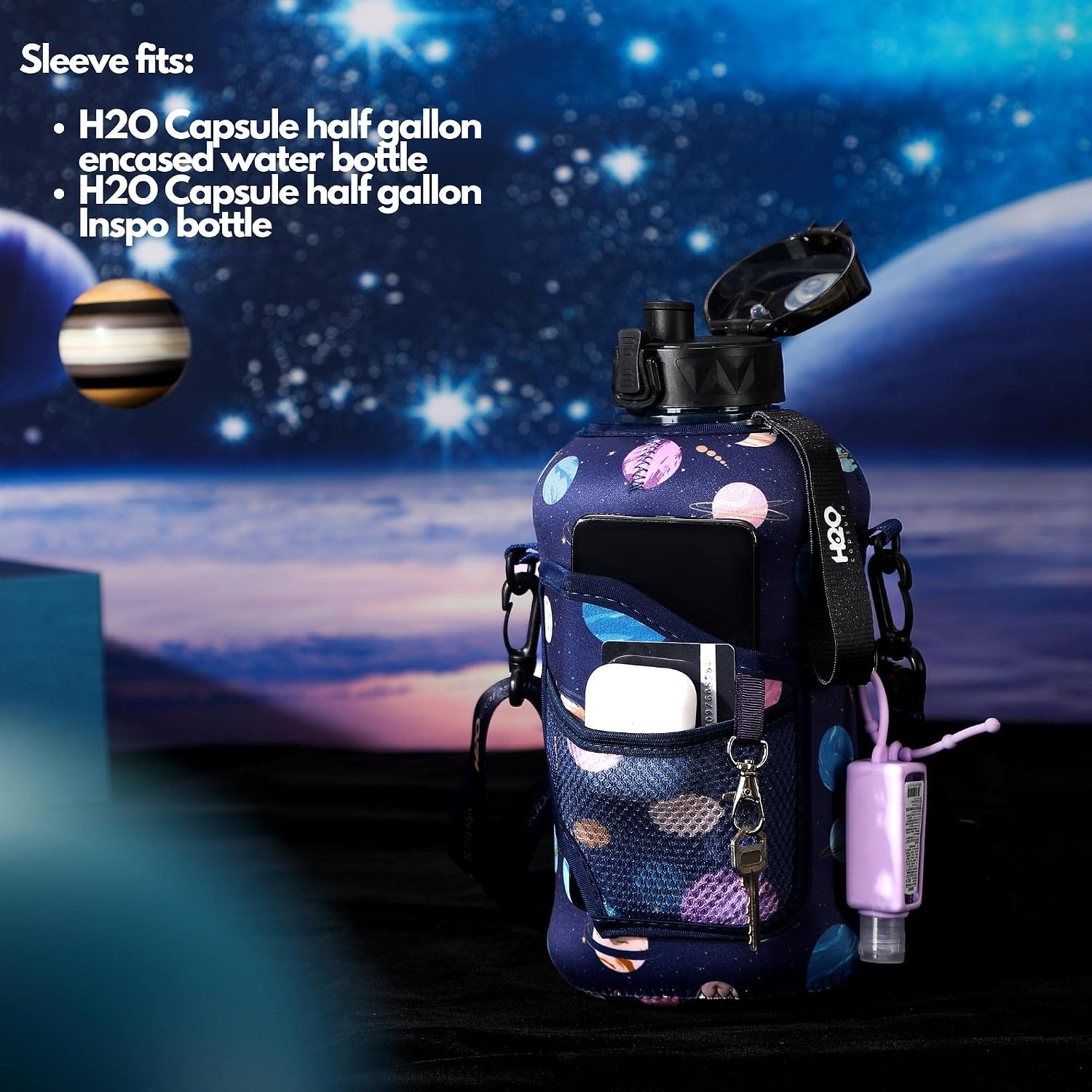 H2O Capsule Water Bottle Holder with Shoulder Strap - Half Gallon Water Bottle Accessories – Neoprene Sleeve with Phone Holder – 74oz Drink Bottle Carrier for Walking and Hiking