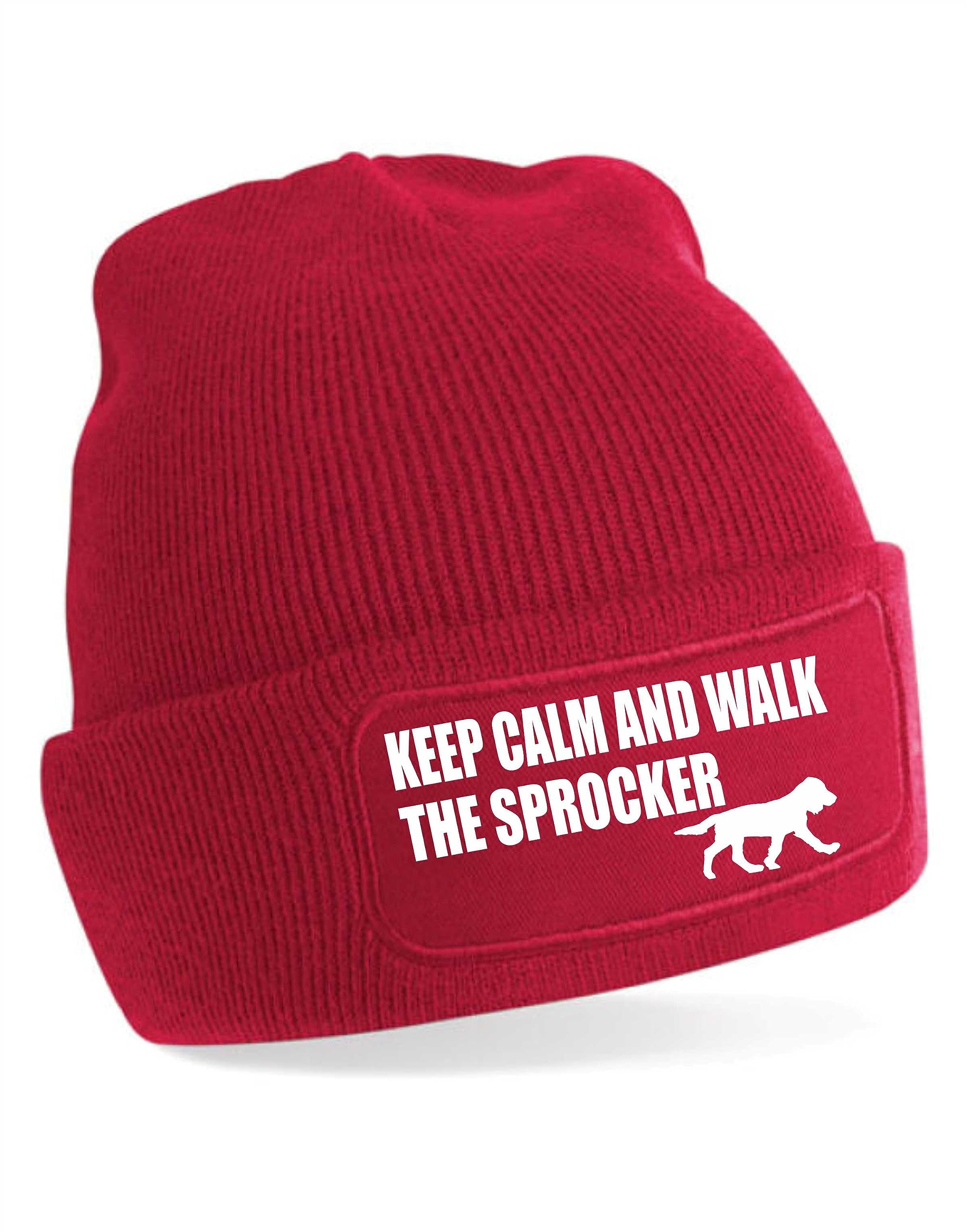 Print4u Unisex Red Keep Calm Walk The Sprocker Beanie Hat Dog Lovers Gift For Men & Ladies
