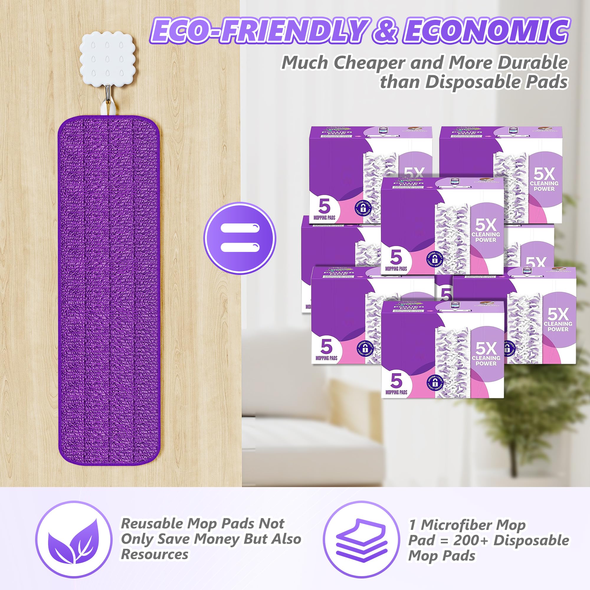 BPAWA 4 almohadillas reutilizables compatibles con Swiffer PowerMop, almohadillas de microfibra de 15 pulgadas de repuesto para fregona de piso, almohadillas de fregona planas, paños lavables en seco