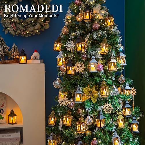 Miniatura 8 de Romadedi Mini faroles decorativos para centro de mesa, 10 faroles pequeños colgantes dorados a granel con velas LED parpadeantes para decoración de