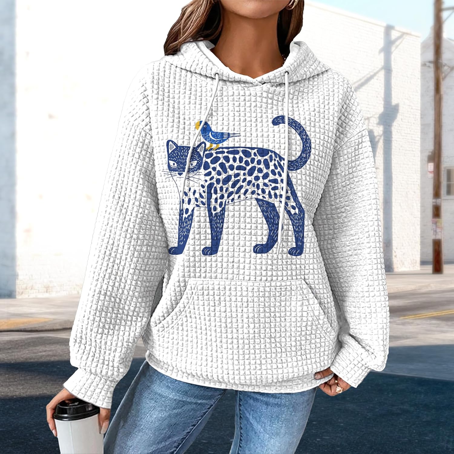 Women's Fashion Sweatshirt White Color Comfy Drawstring Plus Size Long Sleeve Crewneck Sports Hiking Hoodie - Image 2